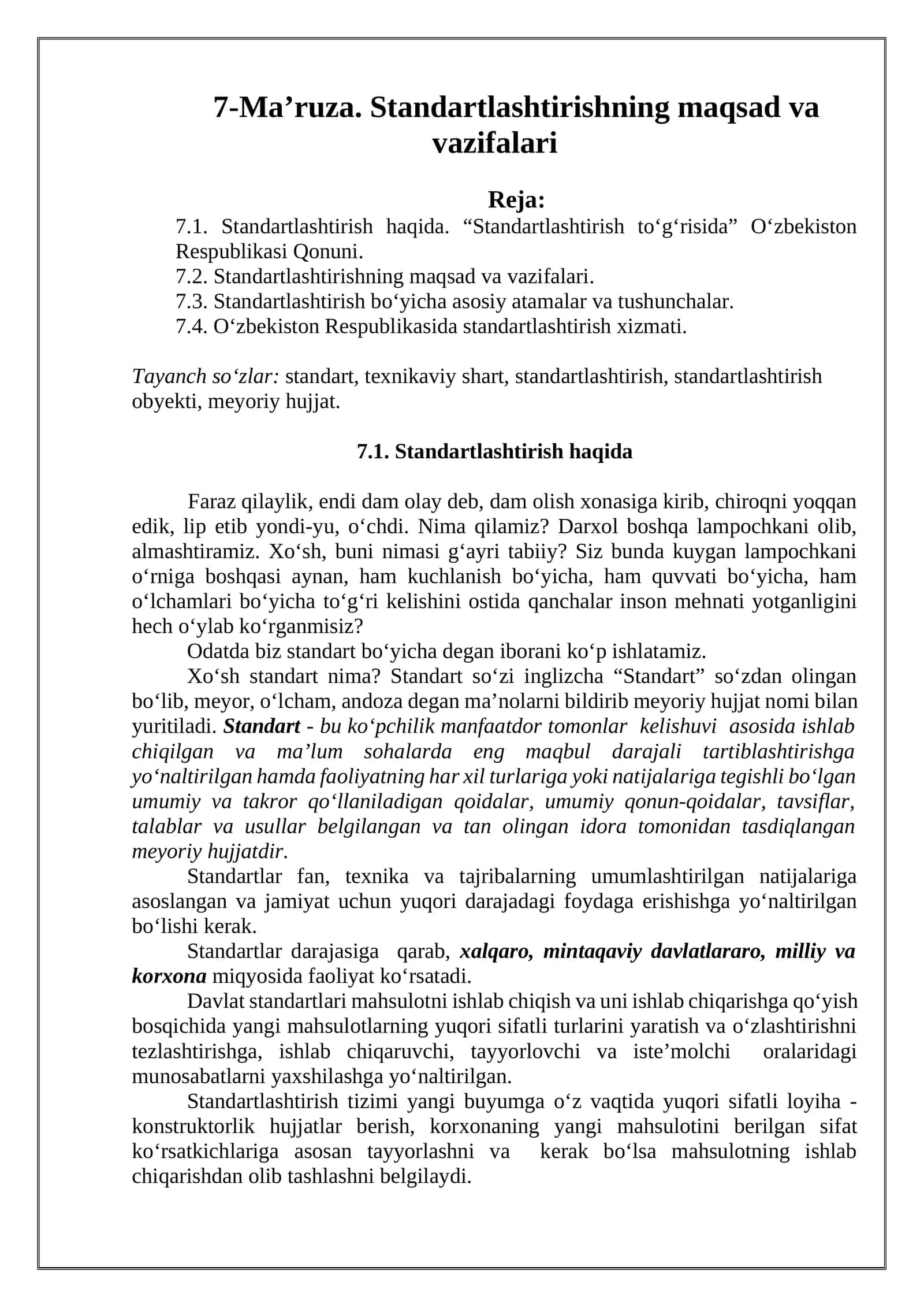 7-Ma’ruza. Standartlashtirishning maqsad va vazifalari 1