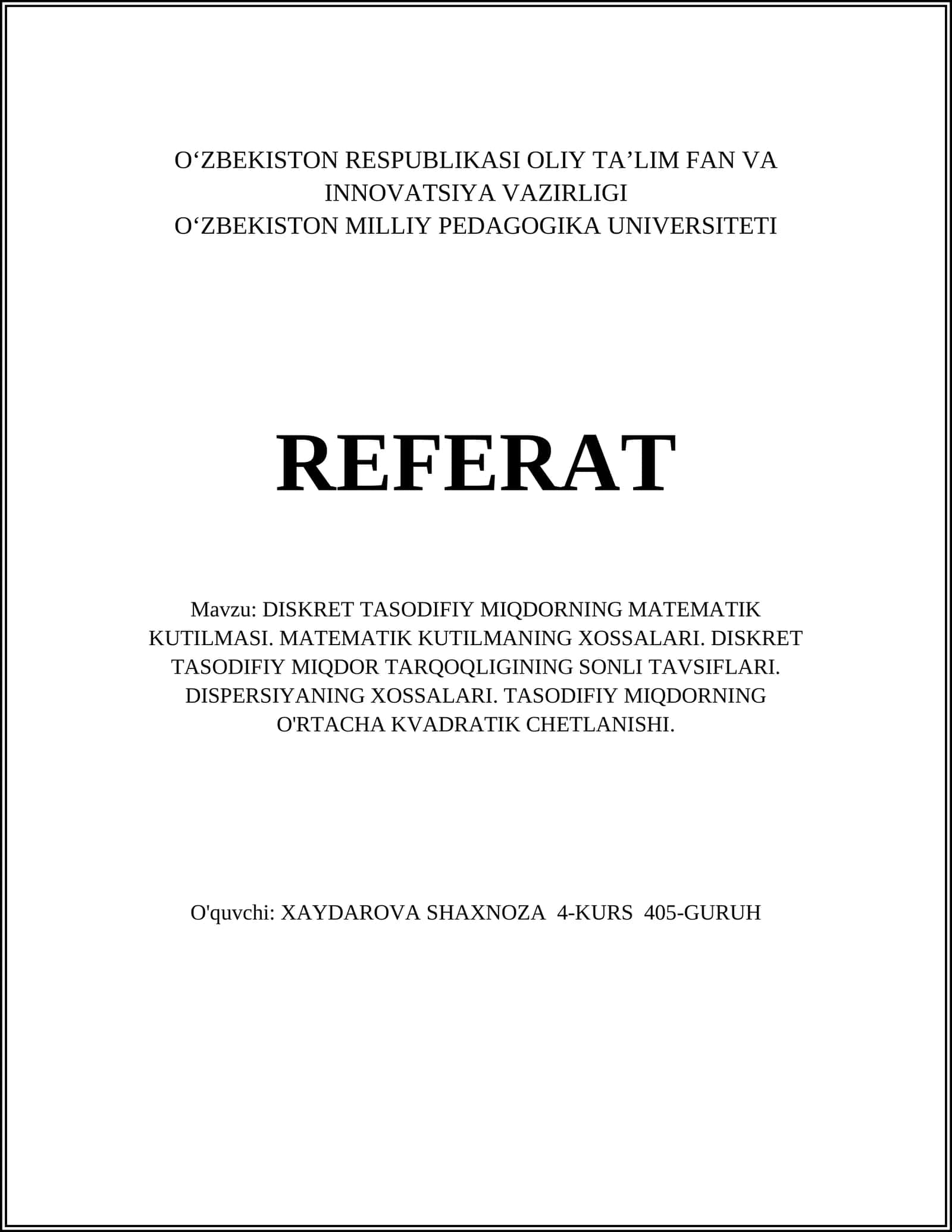 DISKRET TASODIFIY MIQDORNING MATEMATIK KUTILMASI 1