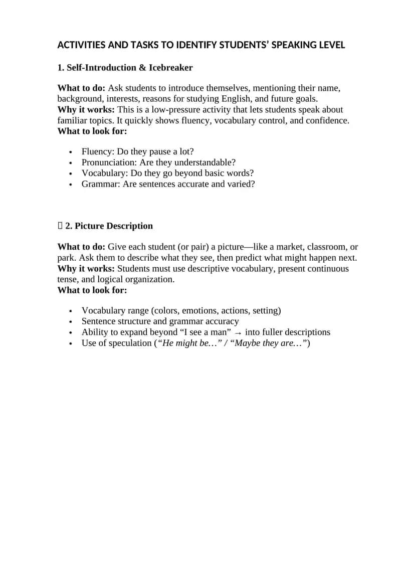 Activities and Tasks to Identify Students' Speaking Level 1