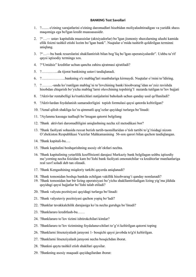 BANKING Test Savollari 1