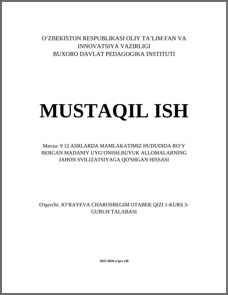 9-12 asrlarda Mamlakatimiz Hududida Roʻy Bergan Madaniy Uygʻonish 1