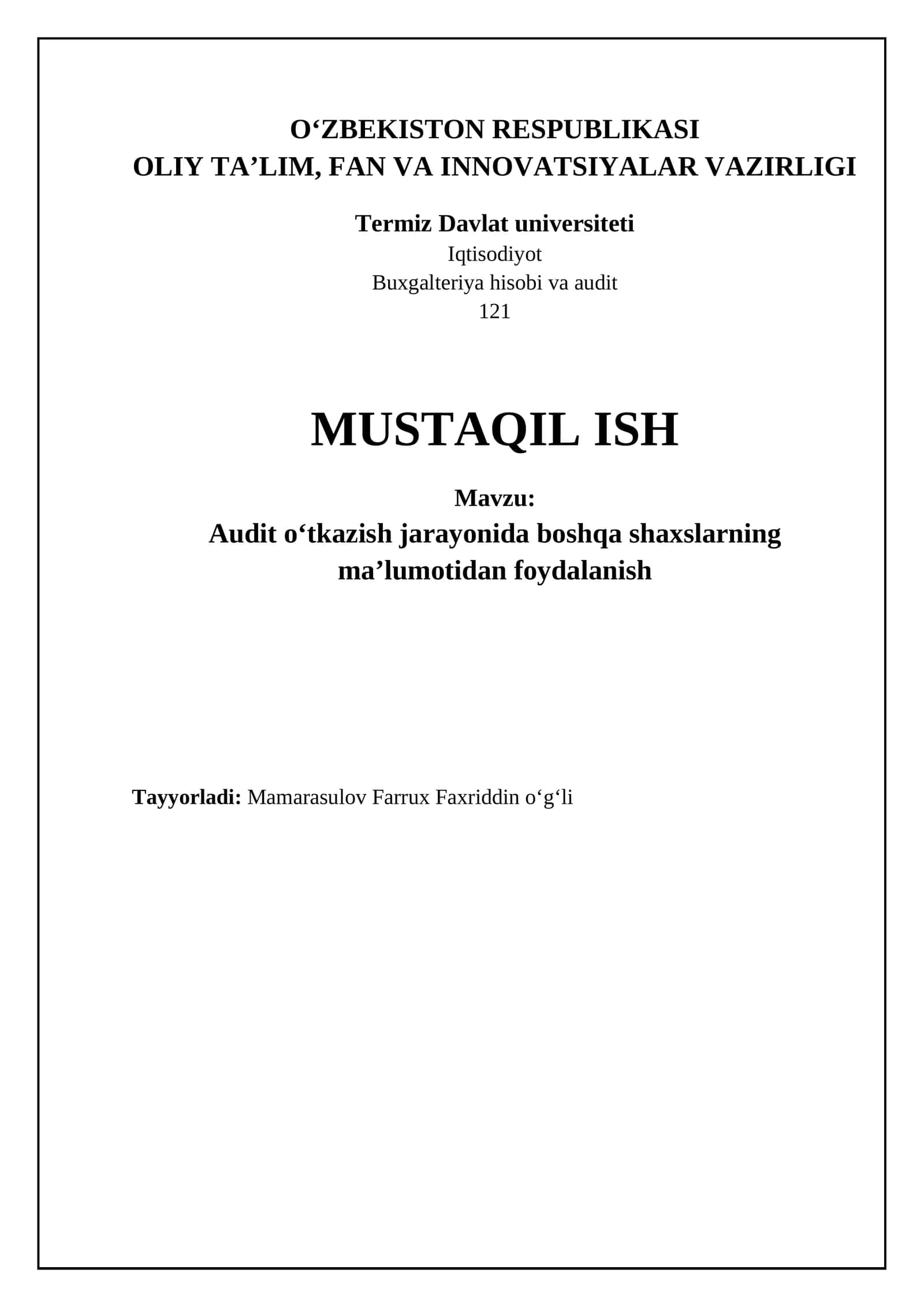 Audit oʻtkazish jarayonida boshqa shaxslarning maʼlumotidan foydalanish 1