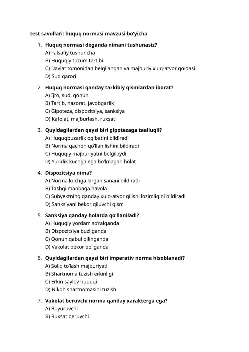 Huquq normasi test savollari 1