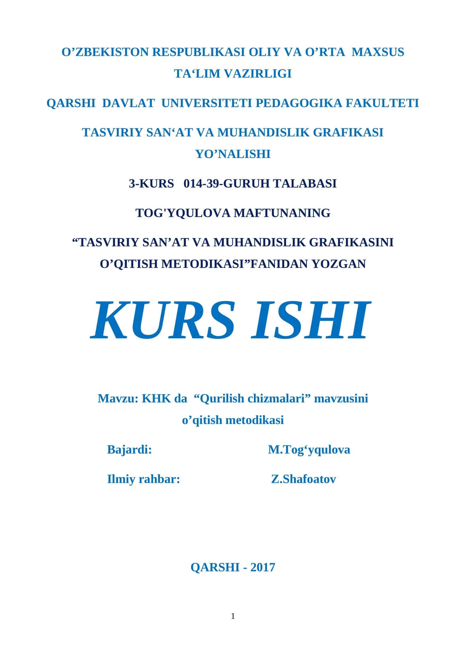 KHK da “Qurilish chizmalari” mavzusini o’qitish metodikasi 1