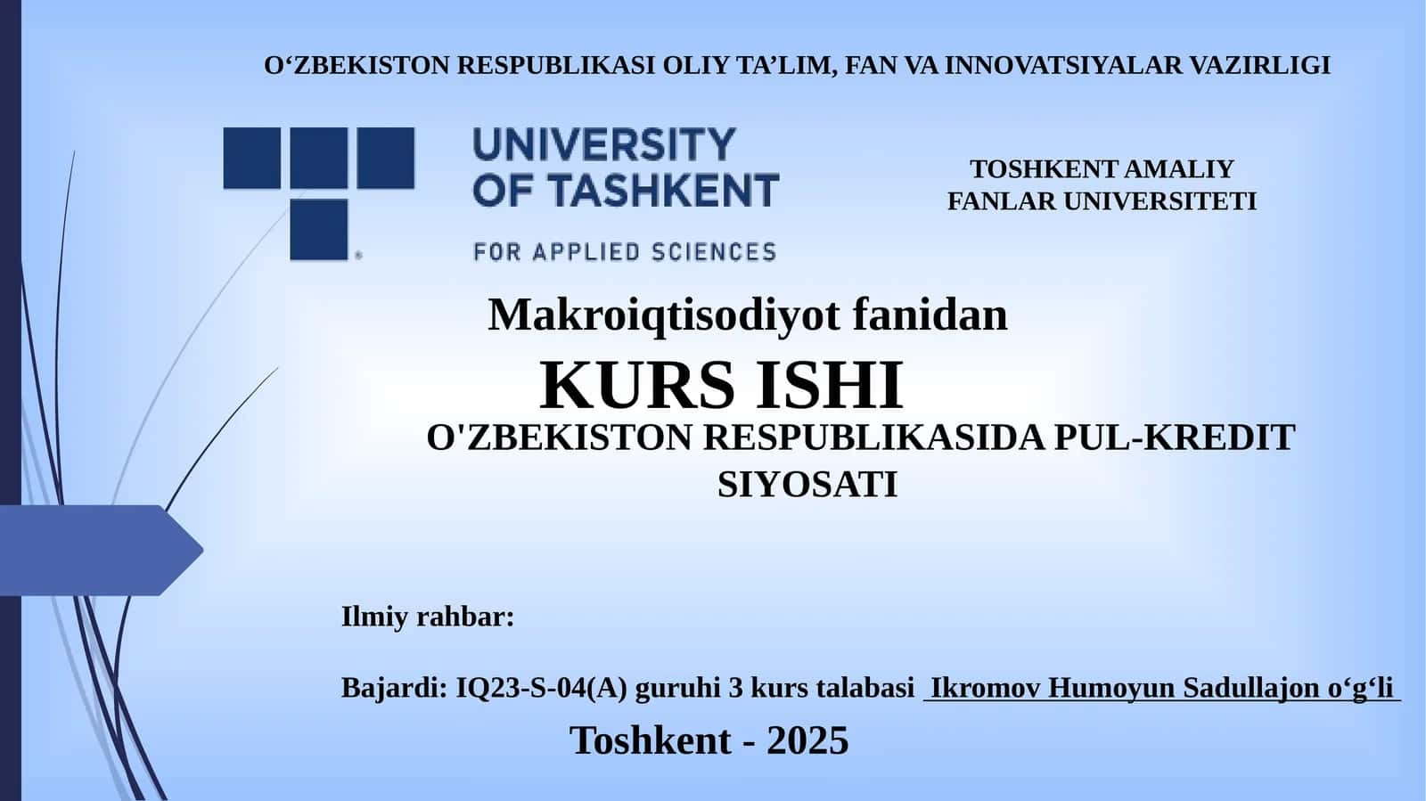 O'ZBEKISTON RESPUBLIKASIDA PUL-KREDIT SIYOSATI 1