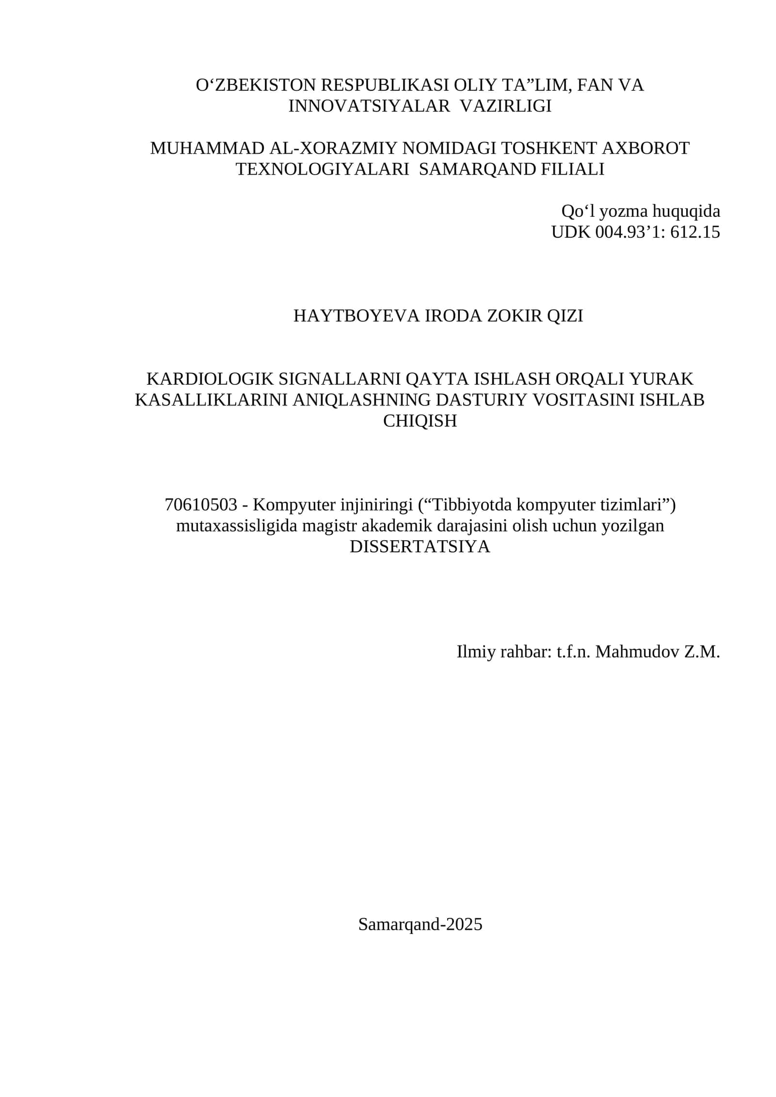 KARDIOLOGIK SIGNALLARNI QAYTA ISHLASH ORQALI YURAK KASALLIKLARINI ANIQLASHNING DASTURIY VOSITASINI ISHLAB CHIQISH 1