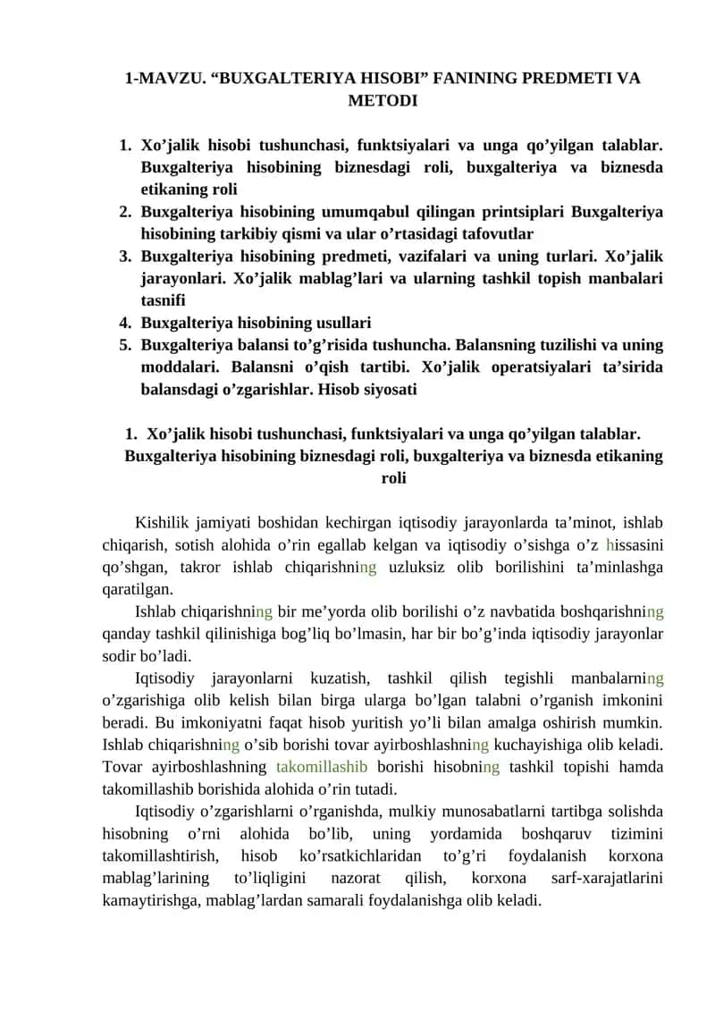 "BUXGALTERIYA HISOBI" FANINING PREDMETI VA METODI 1