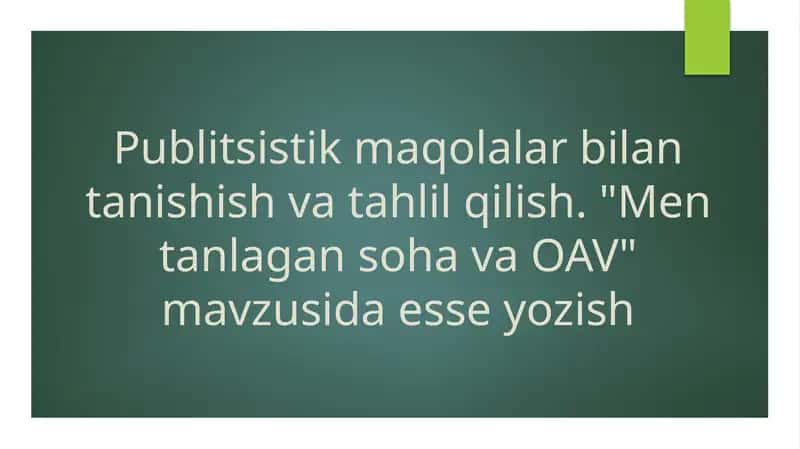 Publitsistik maqolalar bilan tanishish va tahlil qilish. Men tanlagan soha va OAV mavzusida esse yozish 1