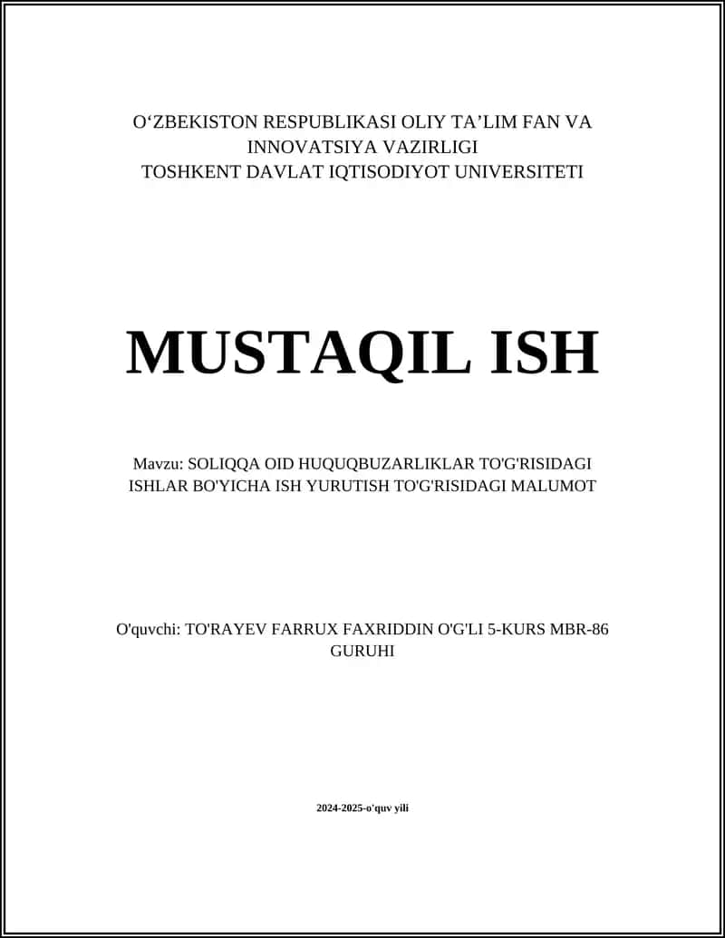 SOLIQQA OID HUQUQBUZARLIKLAR TO'G'RISIDAGI ISHLAR BO'YICHA ISH YURUTISH 1
