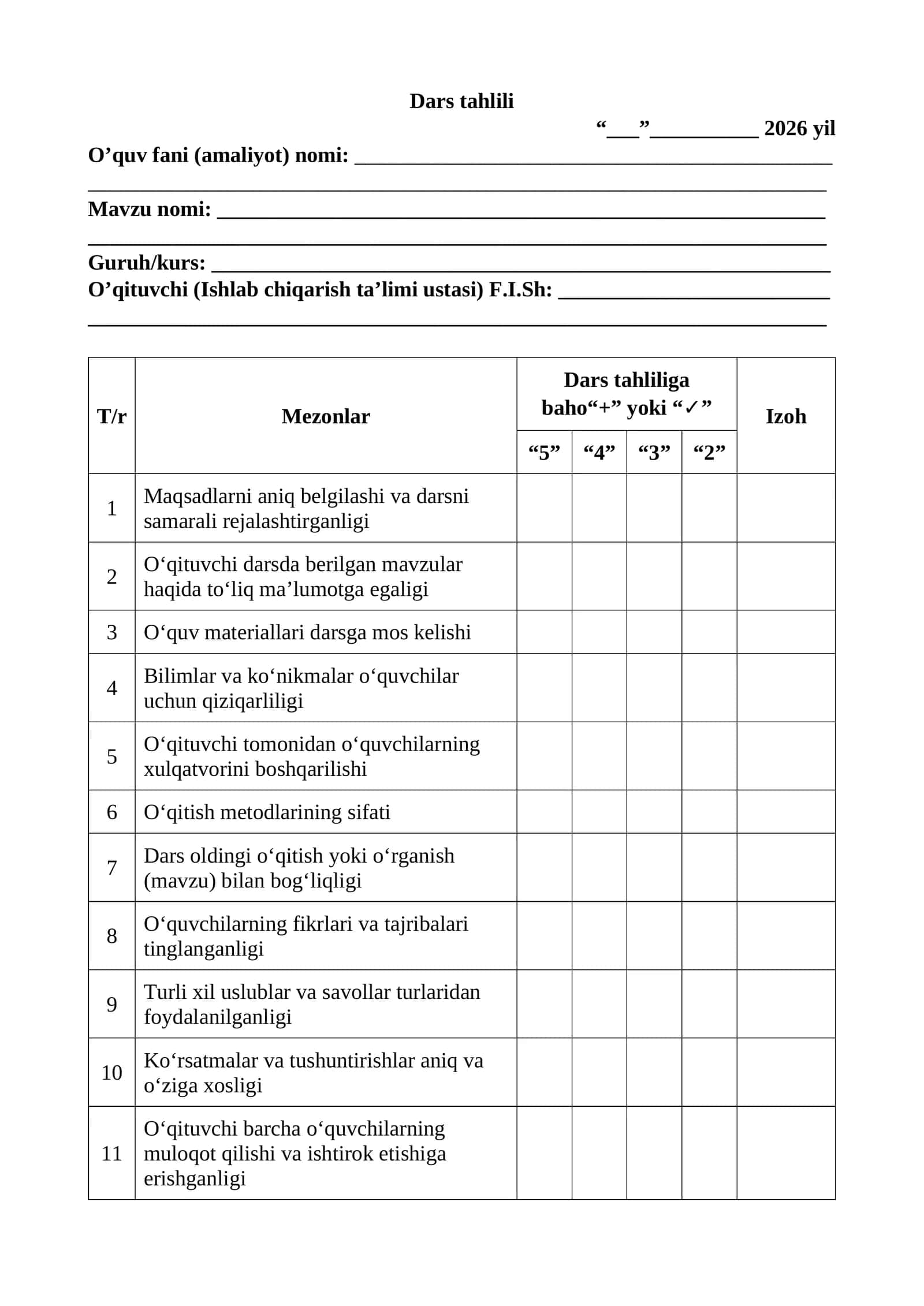Dars tahlili(Texnikumlar uchun) 1