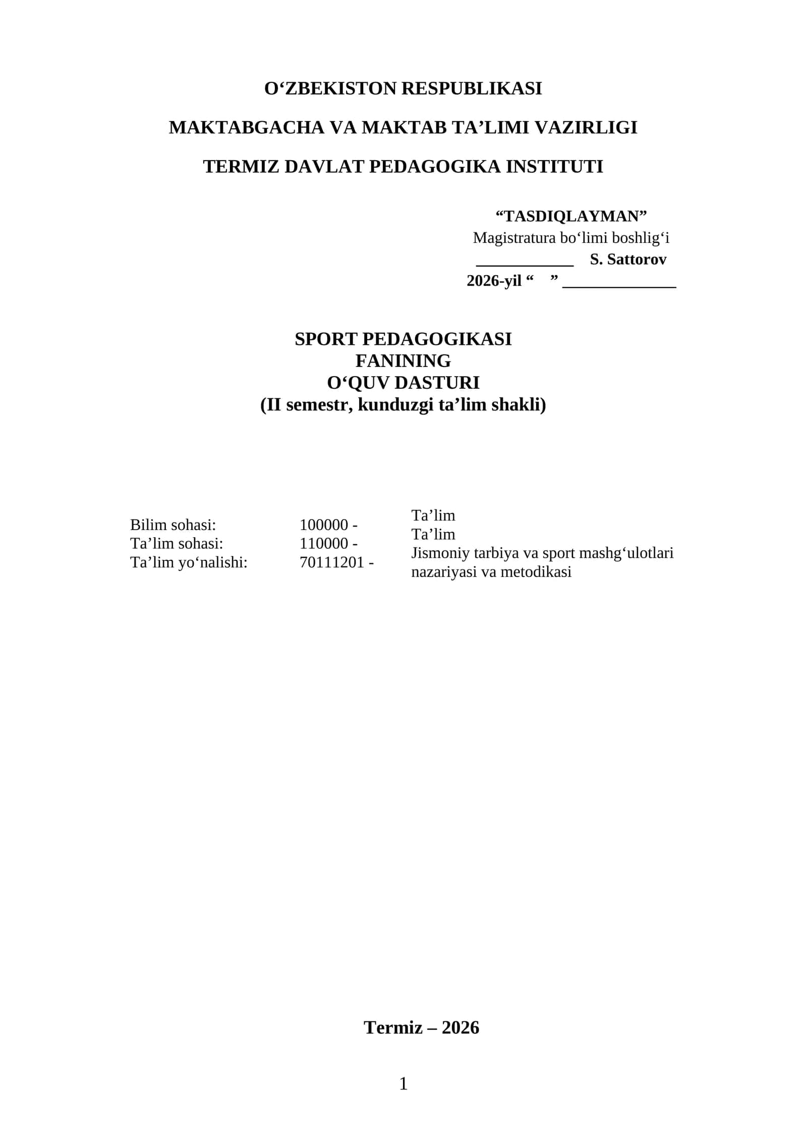SPORT PEDAGOGIKASI 1-kurs O'D 2026 1
