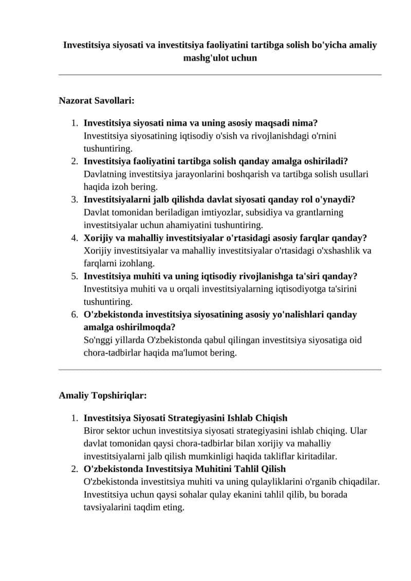 Investitsiya siyosati va investitsiya faoliyatini tartibga solish bo'yicha amaliy mashg'ulot 1
