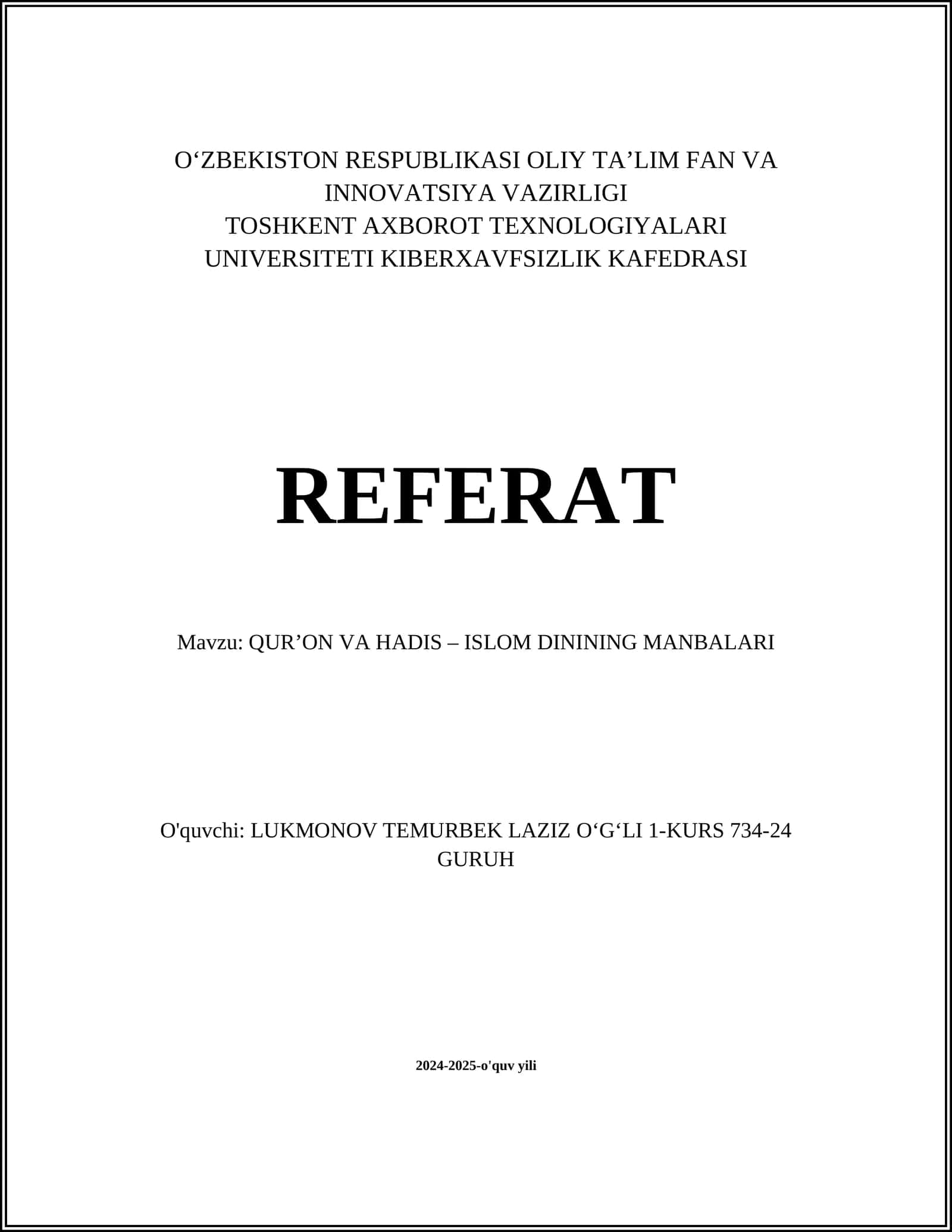 QUR’ON VA HADIS – ISLOM DININING MANBALARI 1