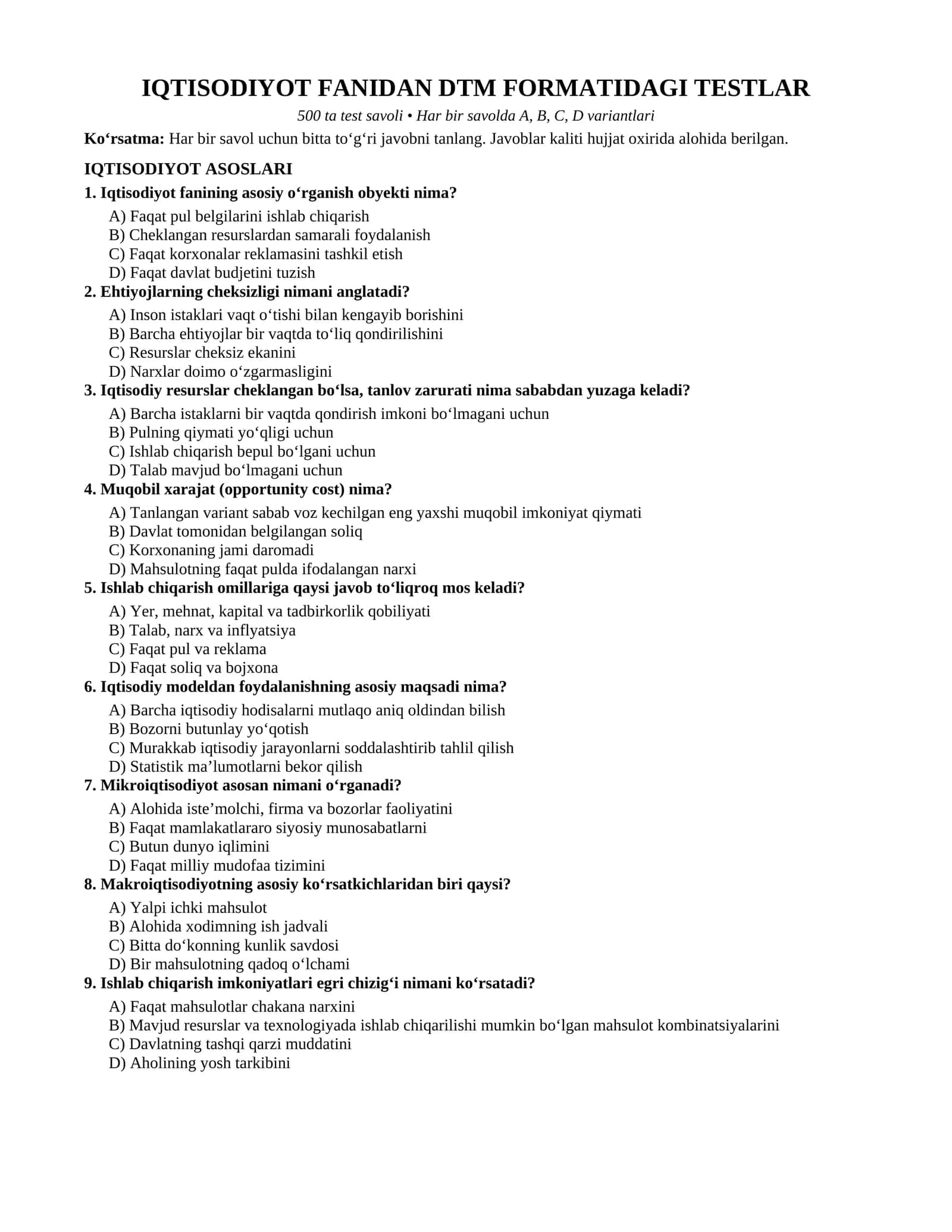 IQTISODIYOT FANIDAN DTM FORMATIDAGI TESTLAR 1