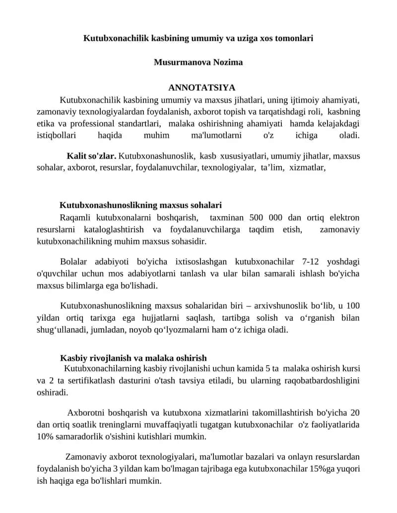 Kutubxonachilik kasbining umumiy va uziga xos tomonlari 1