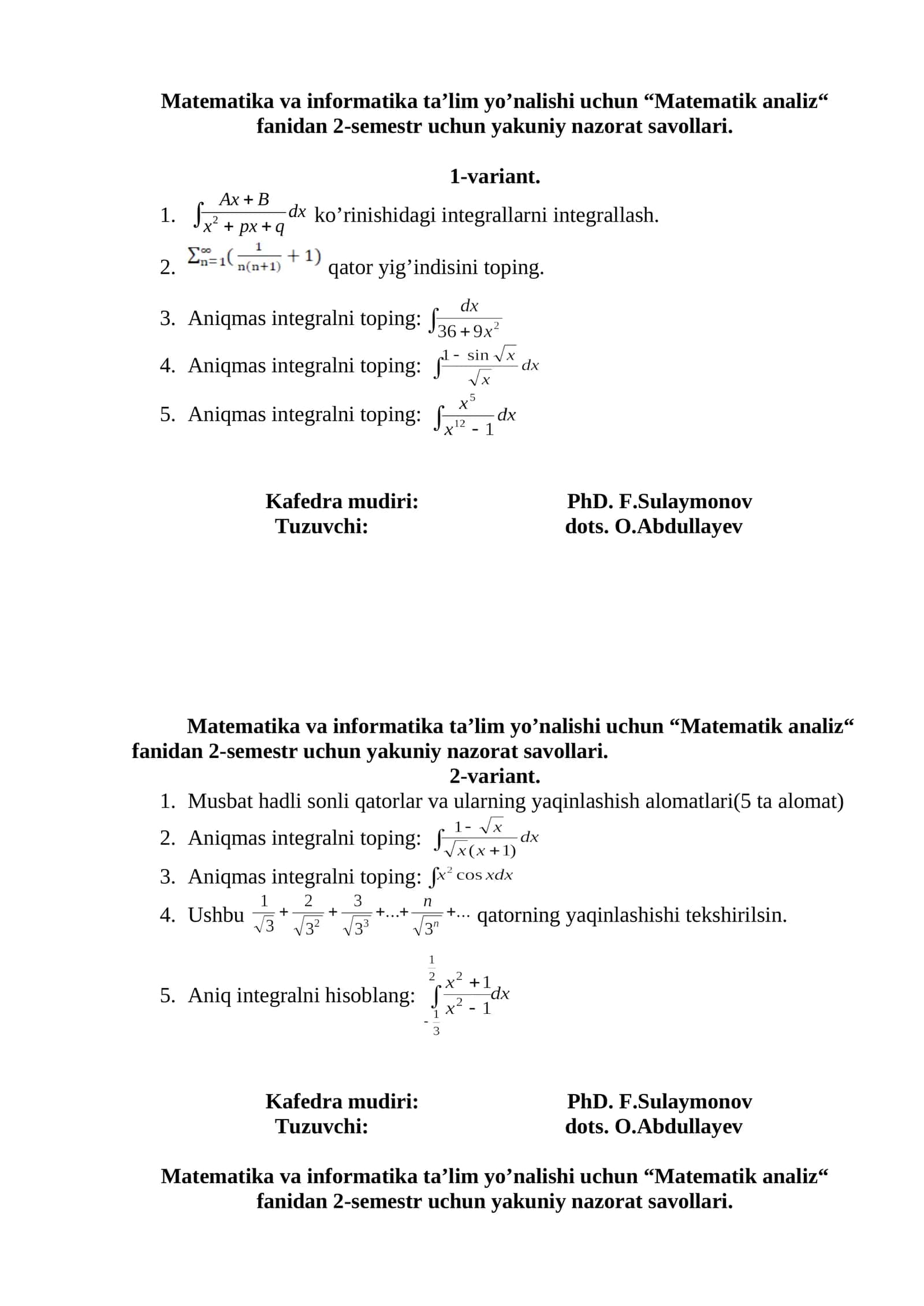Matematik analiz fanidan 2-semestr uchun yakuniy nazorat savollari 1