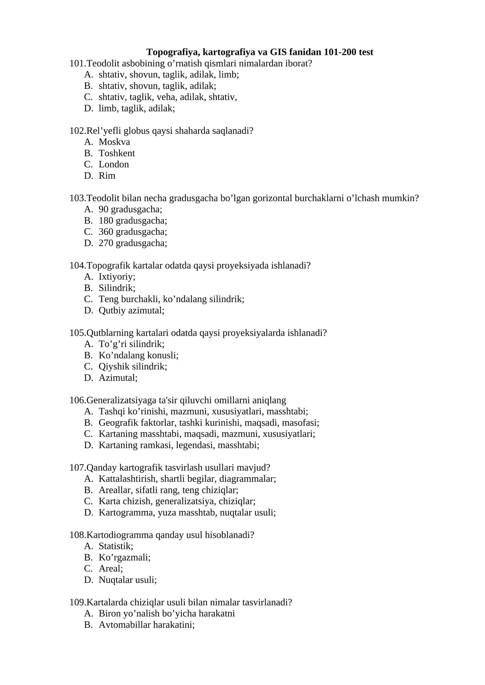 Topografiya, kartografiya va GIS fanidan 101-200 test 1