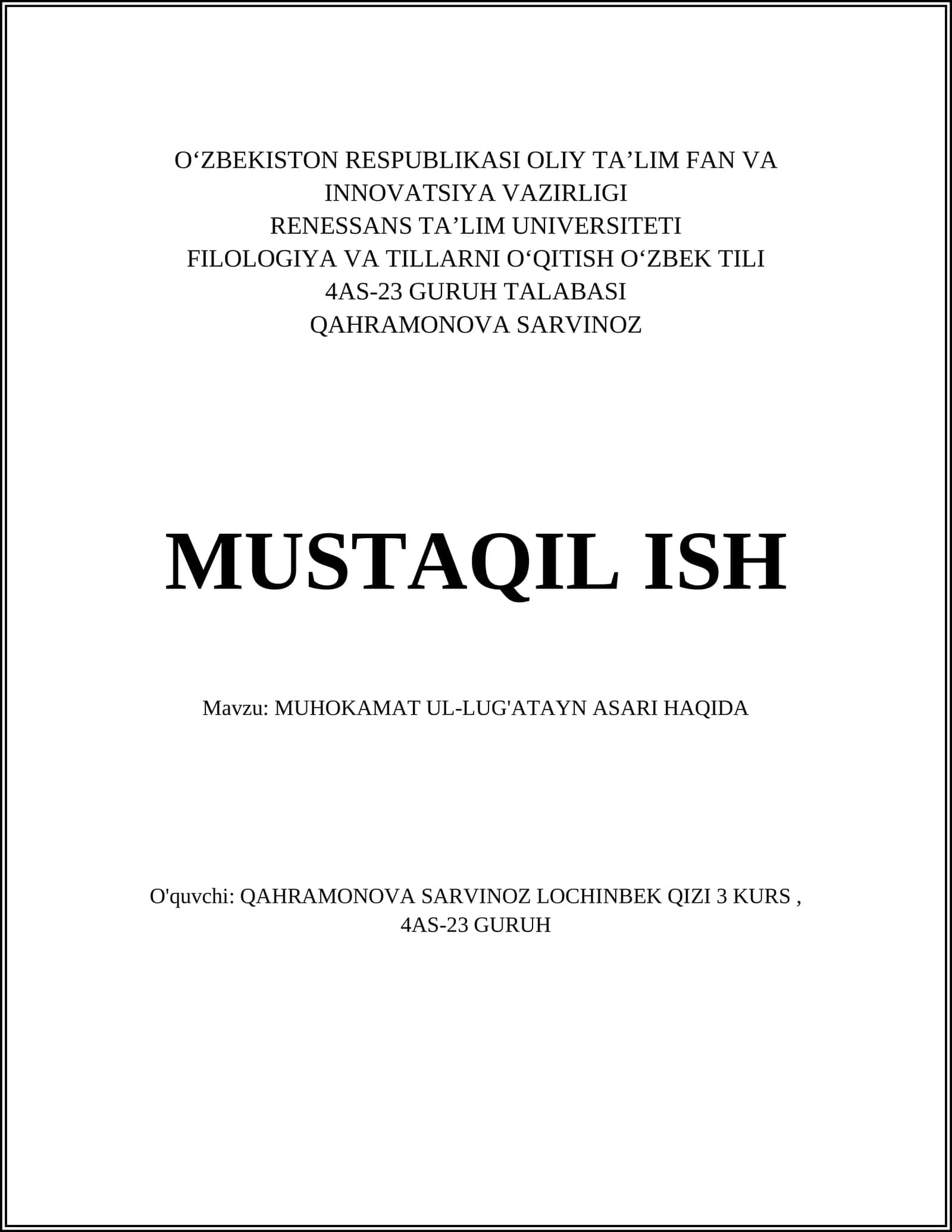 MUHOKAMAT UL-LUG'ATAYN ASARI HAQIDA 1
