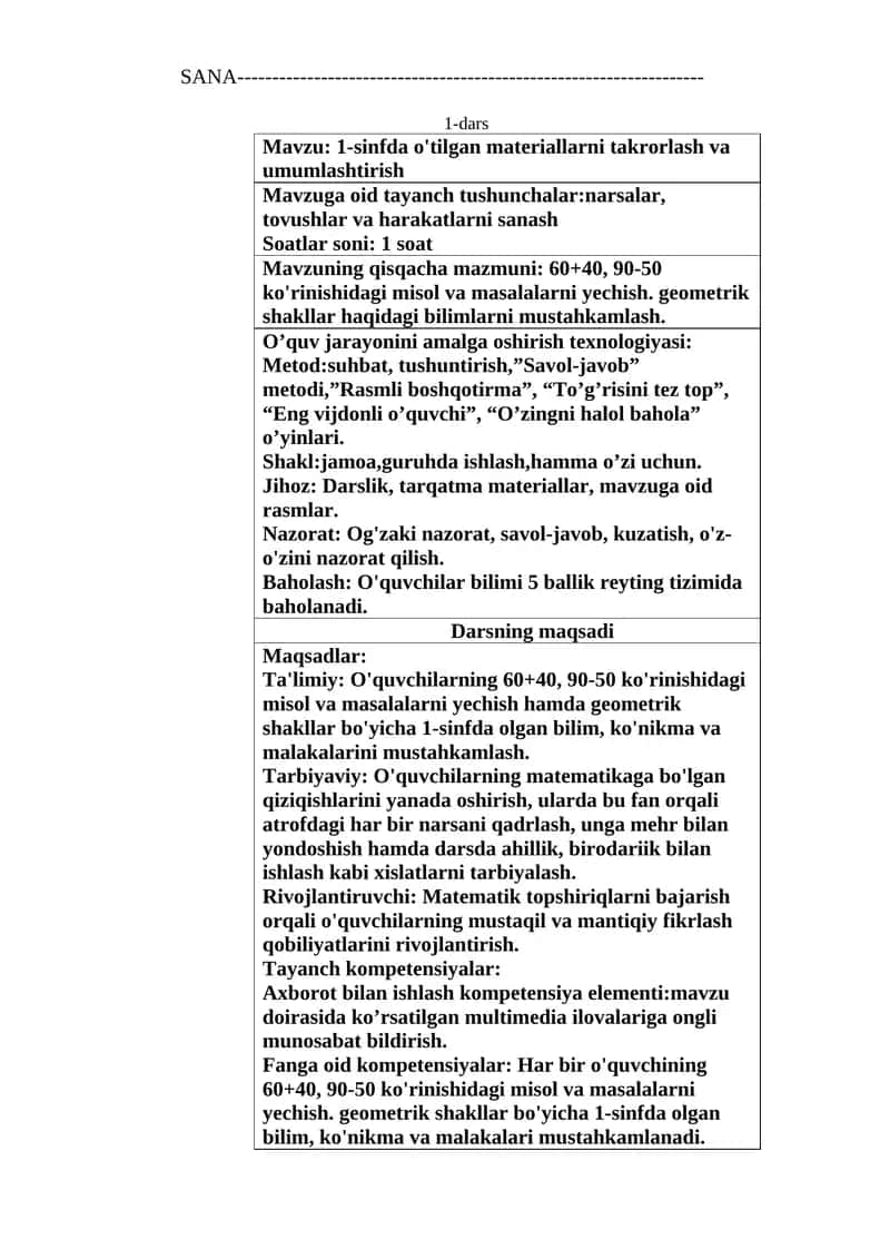1-sinfda o'tilgan materiallarni takrorlash va umumlashtirish 1