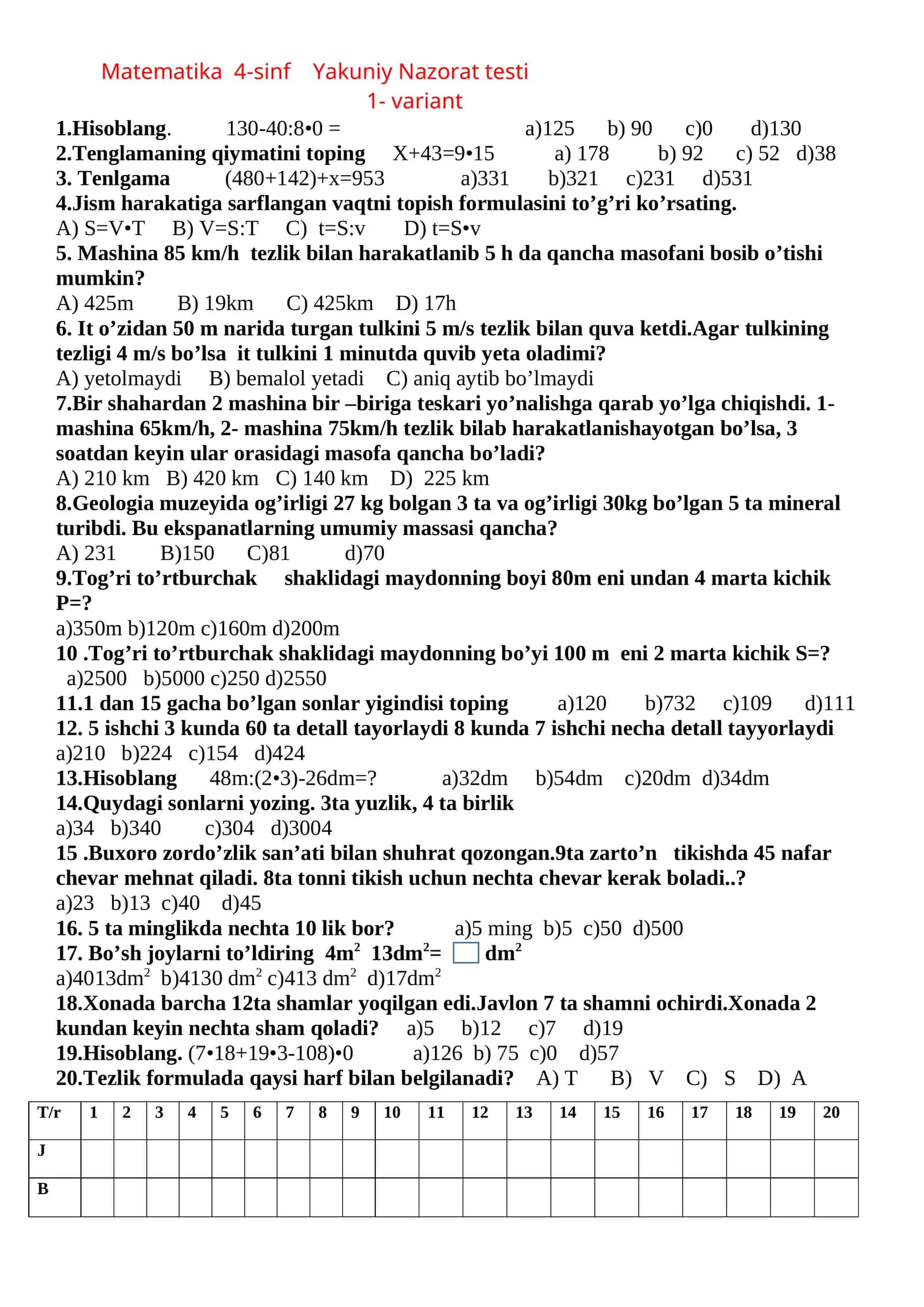 Matematika 4-sinf Yakuniy Nazorat testi 1