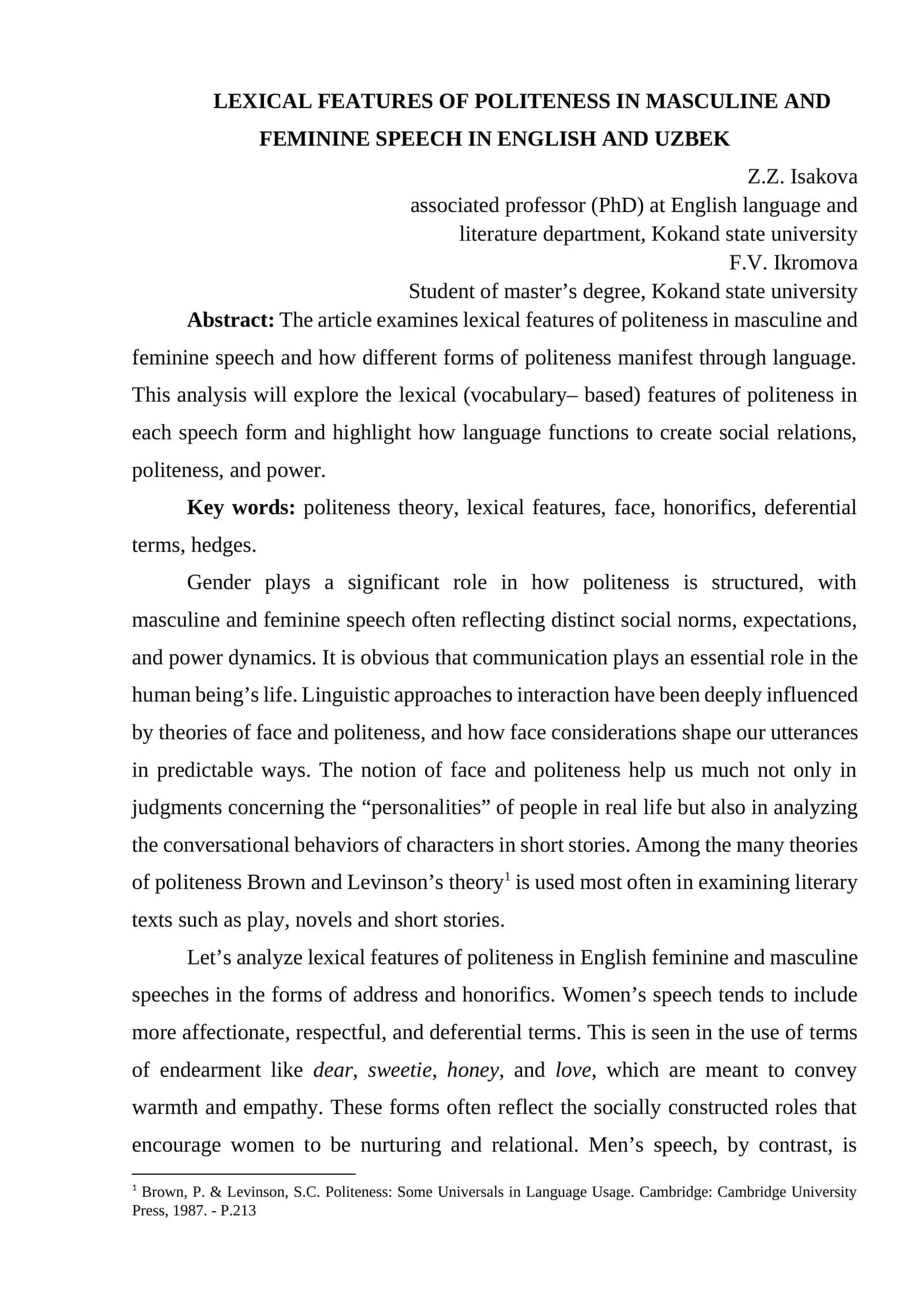 LEXICAL FEATURES OF POLITENESS IN MASCULINE AND FEMININE SPEECH IN ENGLISH AND UZBEK 1