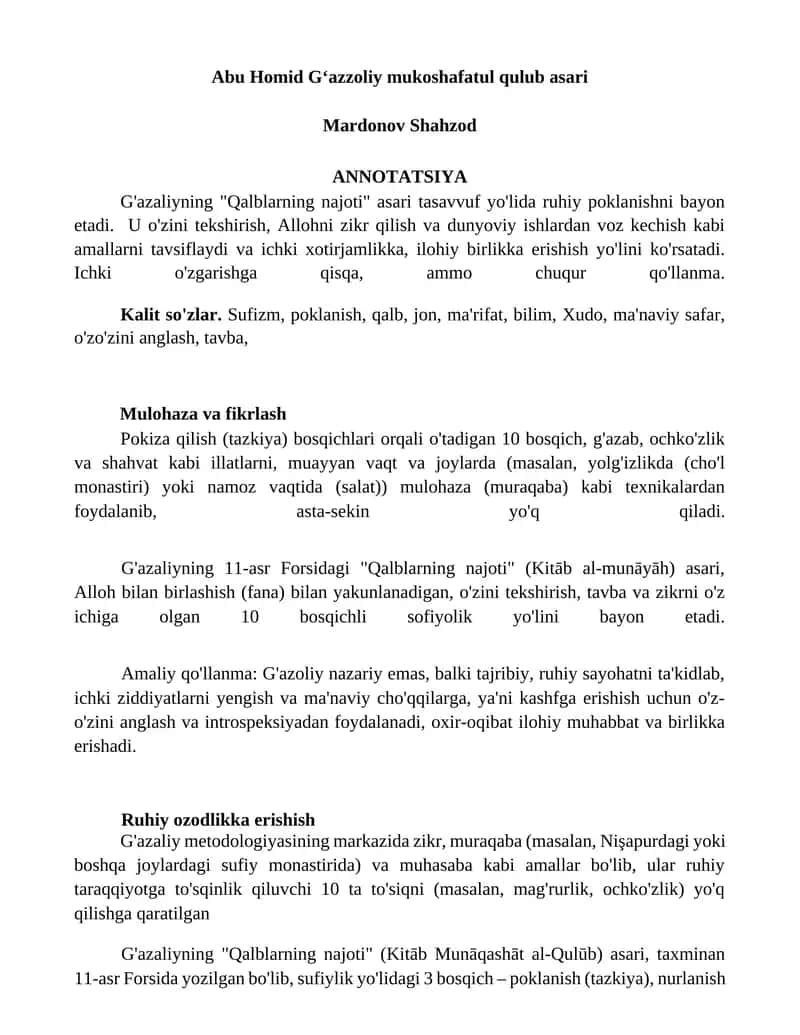 Abu Homid Gʻazzoliy mukoshafatul qulub asari 1