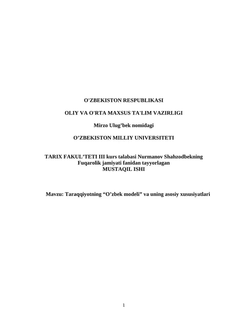 Taraqqiyotning “O’zbek modeli” va uning asosiy xususiyatlari 1