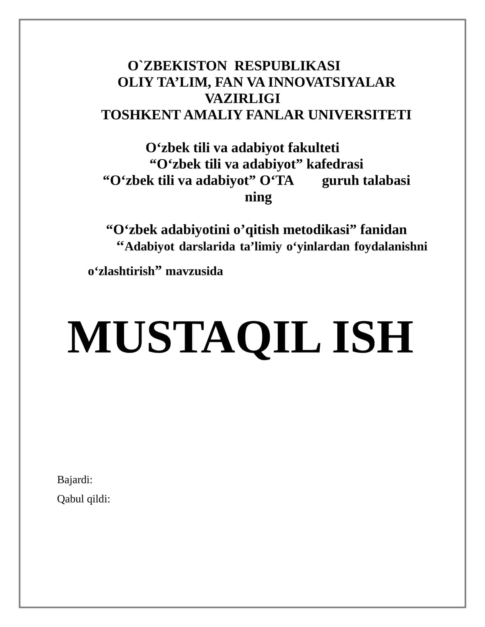 “Adabiyot darslarida ta’limiy o‘yinlardan foydalanishni o‘zlashtirish” mavzusida 1