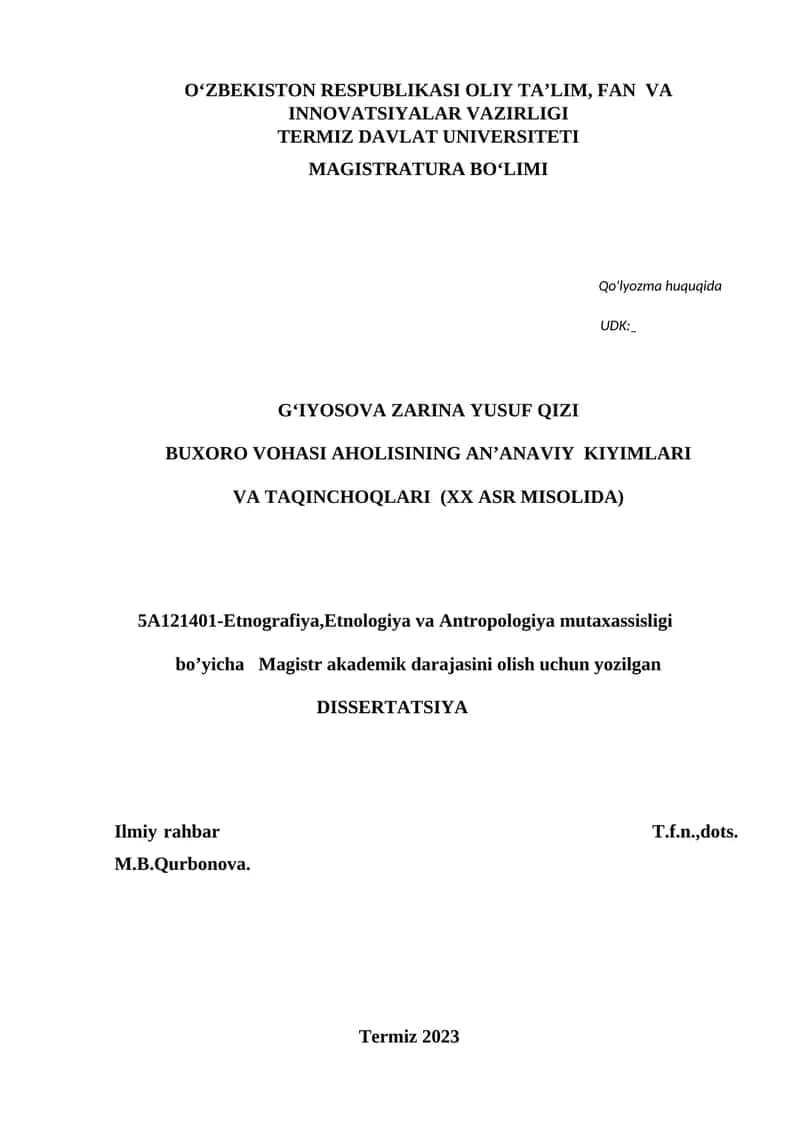 BUXORO VOHASI AHOLISINING AN’ANAVIY KIYIMLARI VA TAQINCHOQLARI (XX ASR MISOLIDA) 1