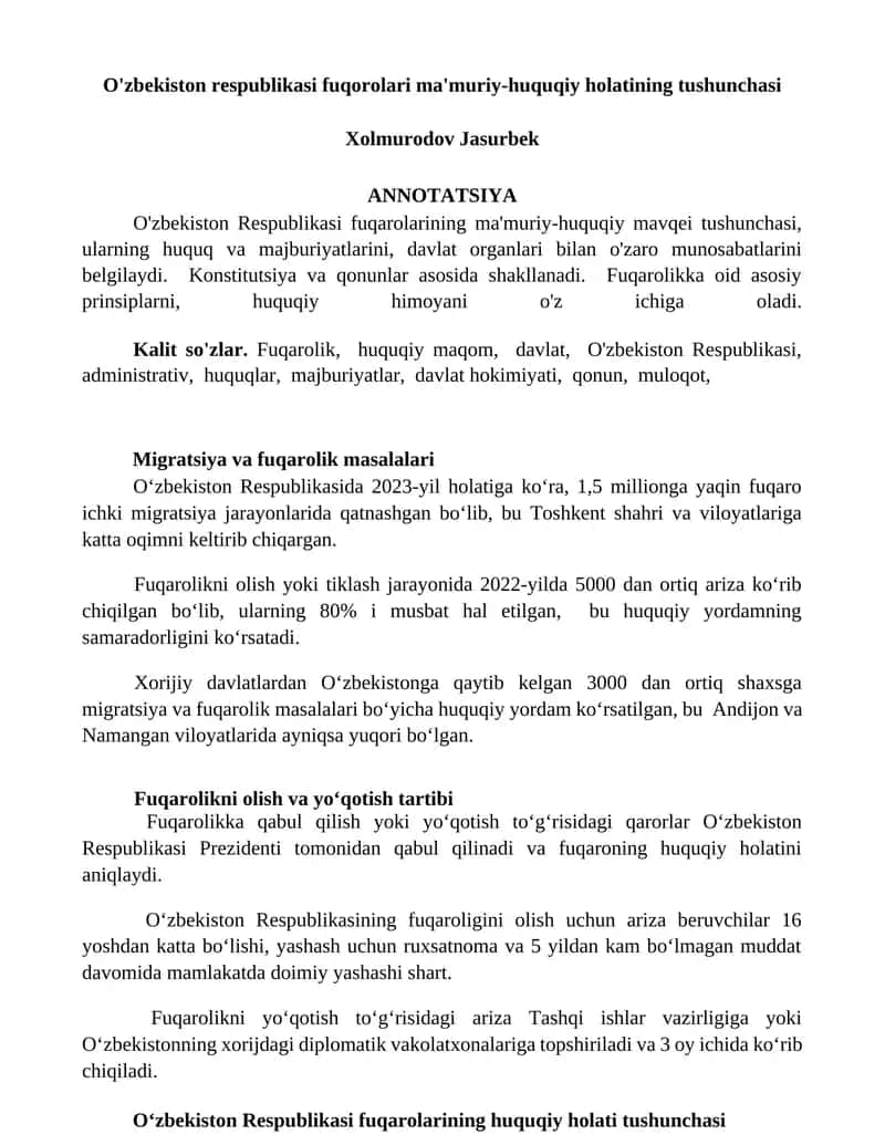 O'zbekiston respublikasi fuqorolari ma'muriy-huquqiy holatining tushunchasi 1