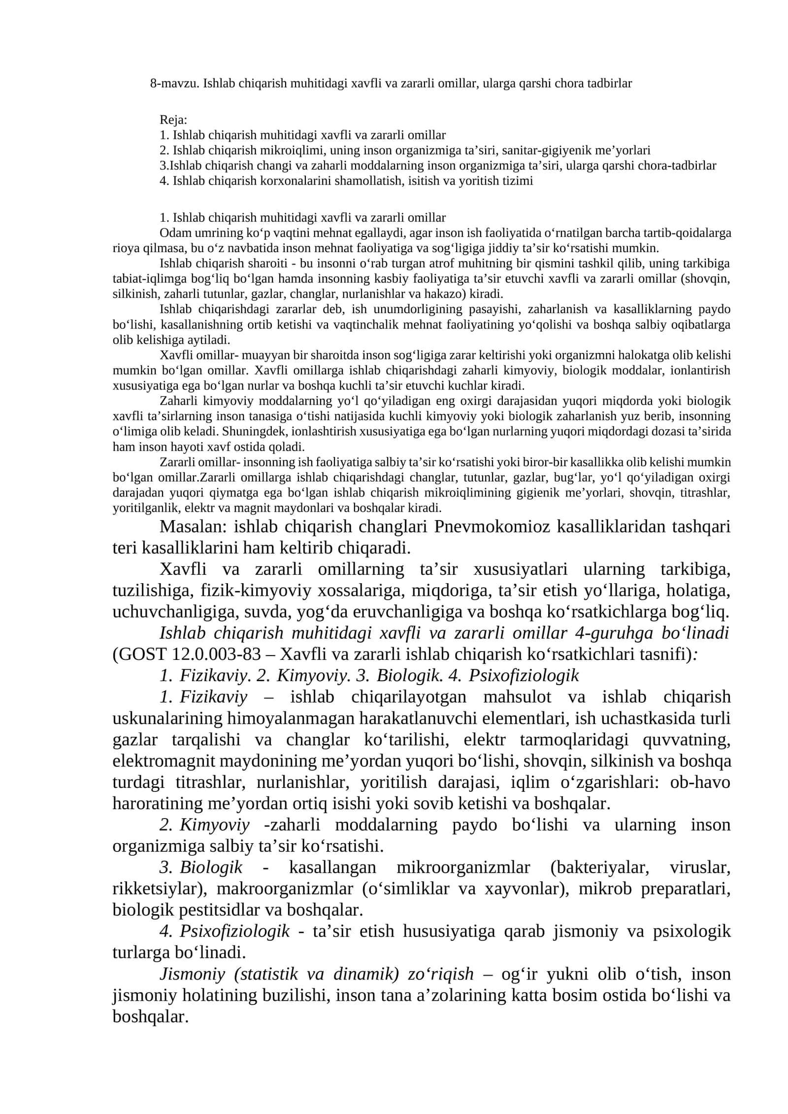 8-mavzu. Ishlab chiqarish muhitidagi xavfli va zararli omillar, ularga qarshi chora tadbirlar 1