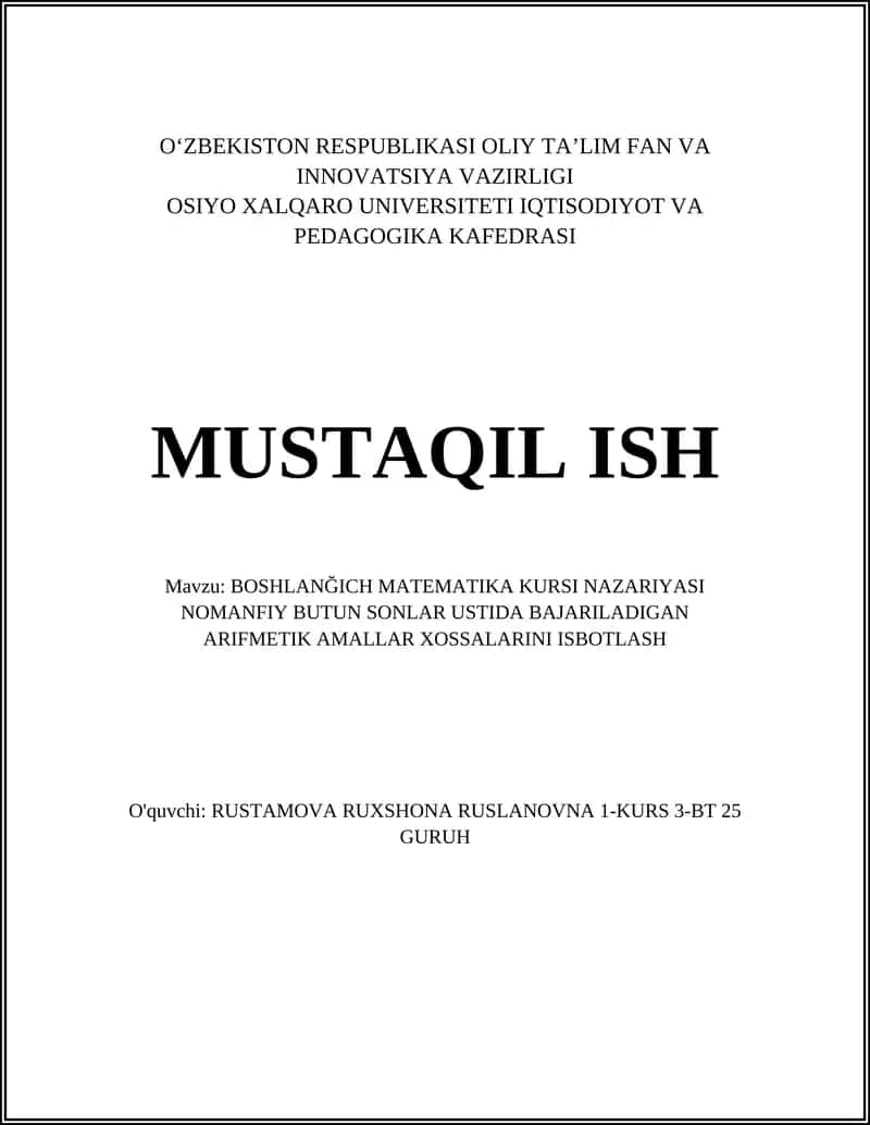 BOSHLANĞICH MATEMATIKA KURSI NAZARIYASI 1