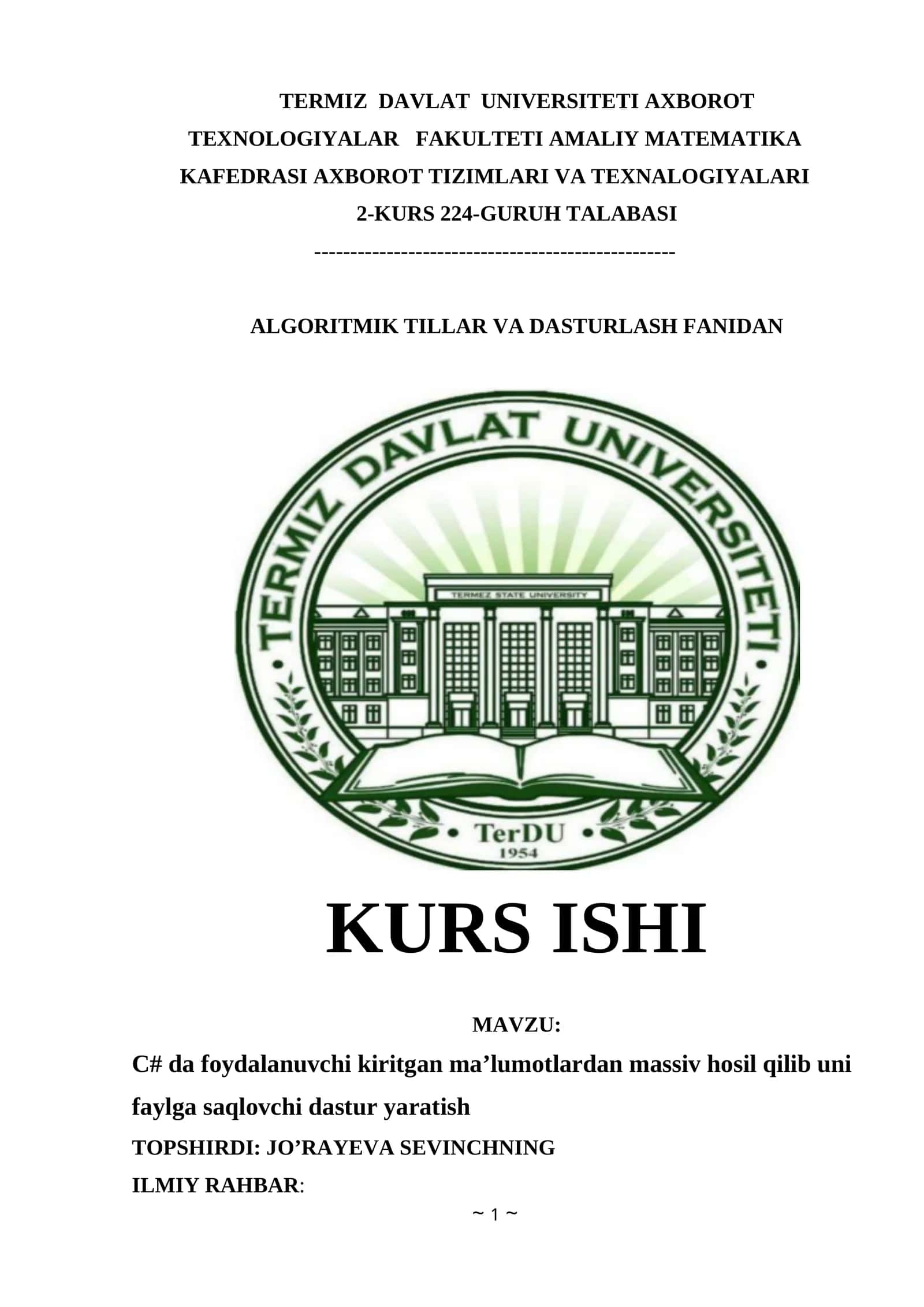 C# da foydalanuvchi kiritgan ma’lumotlardan massiv hosil qilib uni faylga saqlovchi dastur yaratish 1