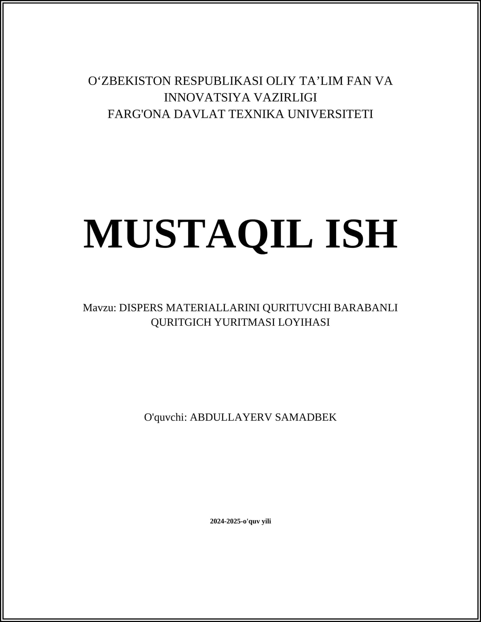 DISPERS MATERIALLARINI QURITUVCHI BARABANLI QURITGICH YURITMASI LOYIHASI 1