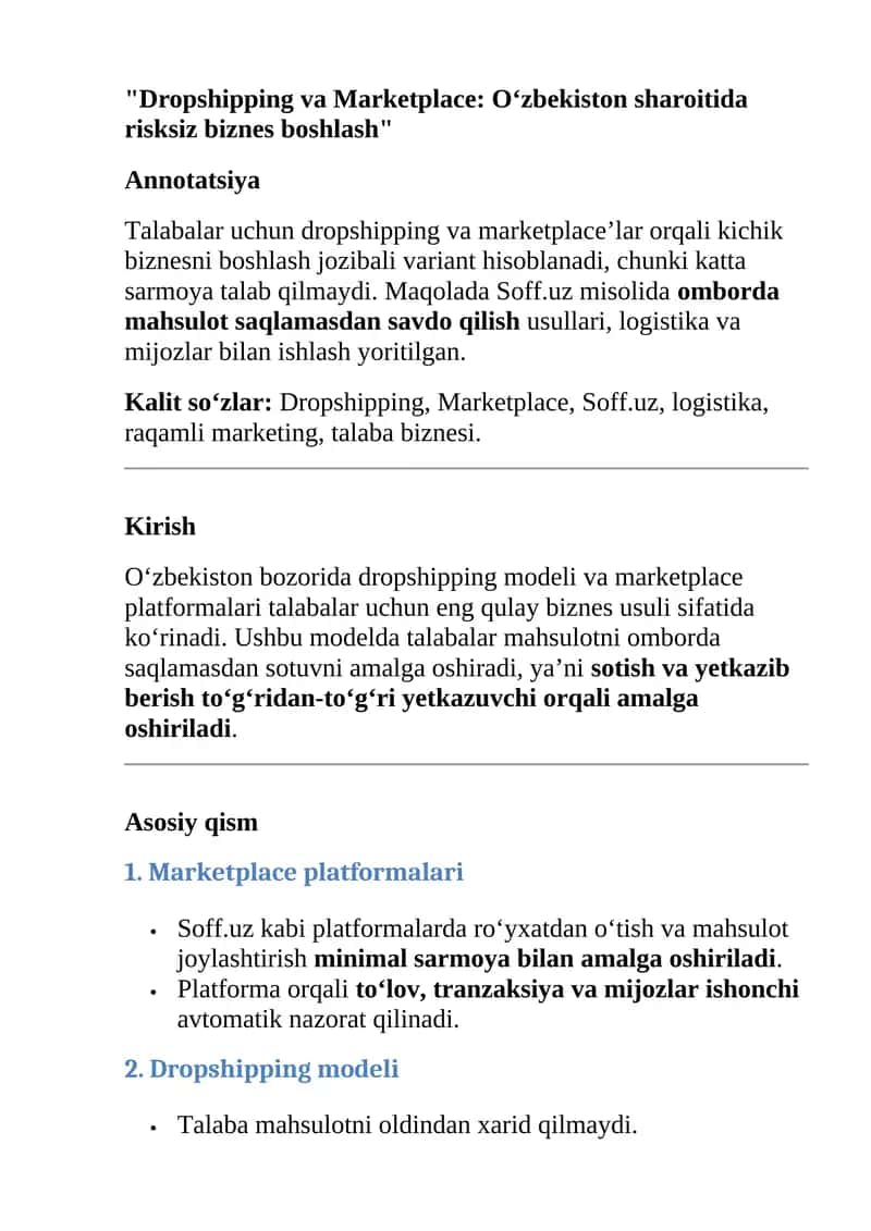 Dropshipping va Marketplace: O‘zbekiston sharoitida risksiz biznes boshlash 1