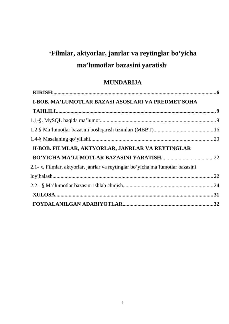 Filmlar, aktyorlar, janrlar va reytinglar bo’yicha ma’lumotlar bazasini yaratish 1