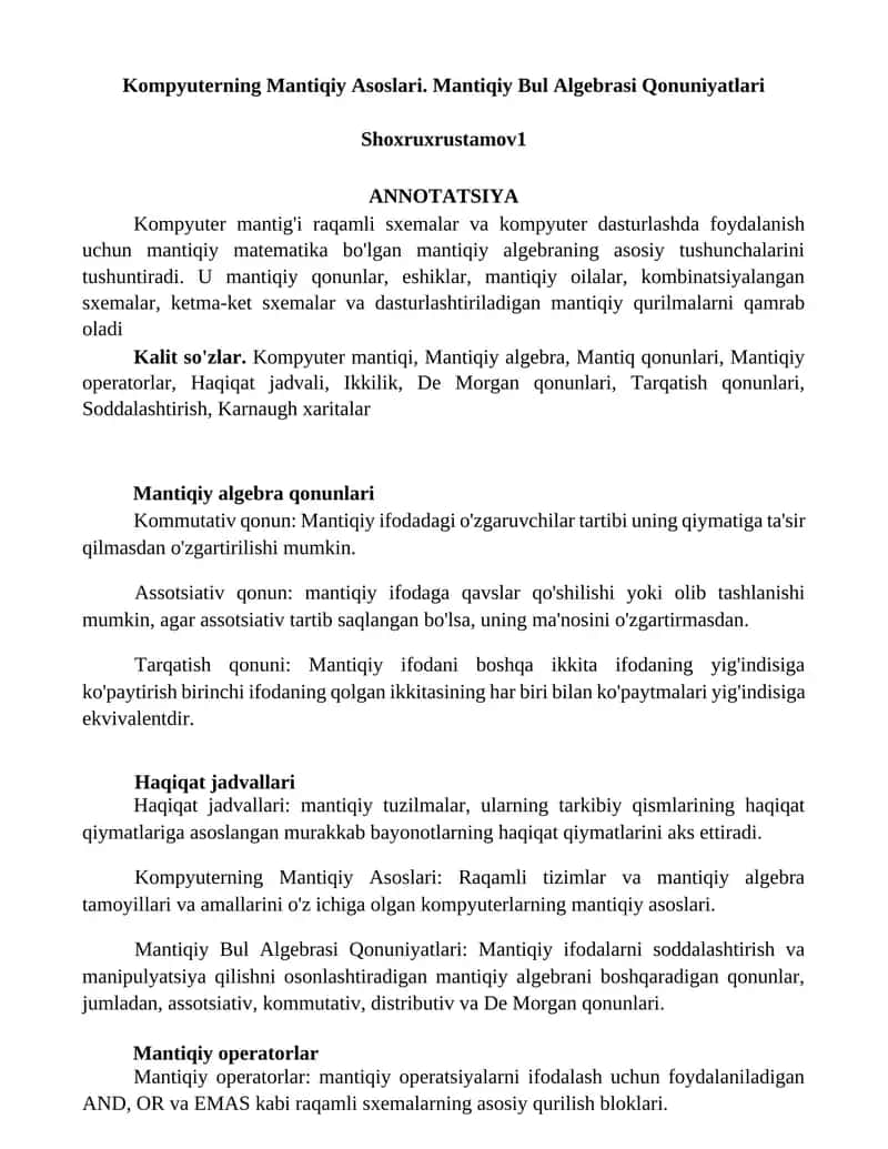 Kompyuterning Mantiqiy Asoslari. Mantiqiy Bul Algebrasi Qonuniyatlari 1