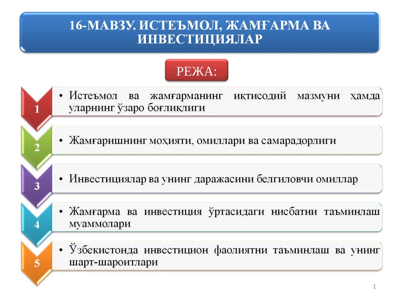 ИСТЕЪМОЛ, ЖАМҒАРМА ВА ИНВЕСТИЦИЯЛАР 1