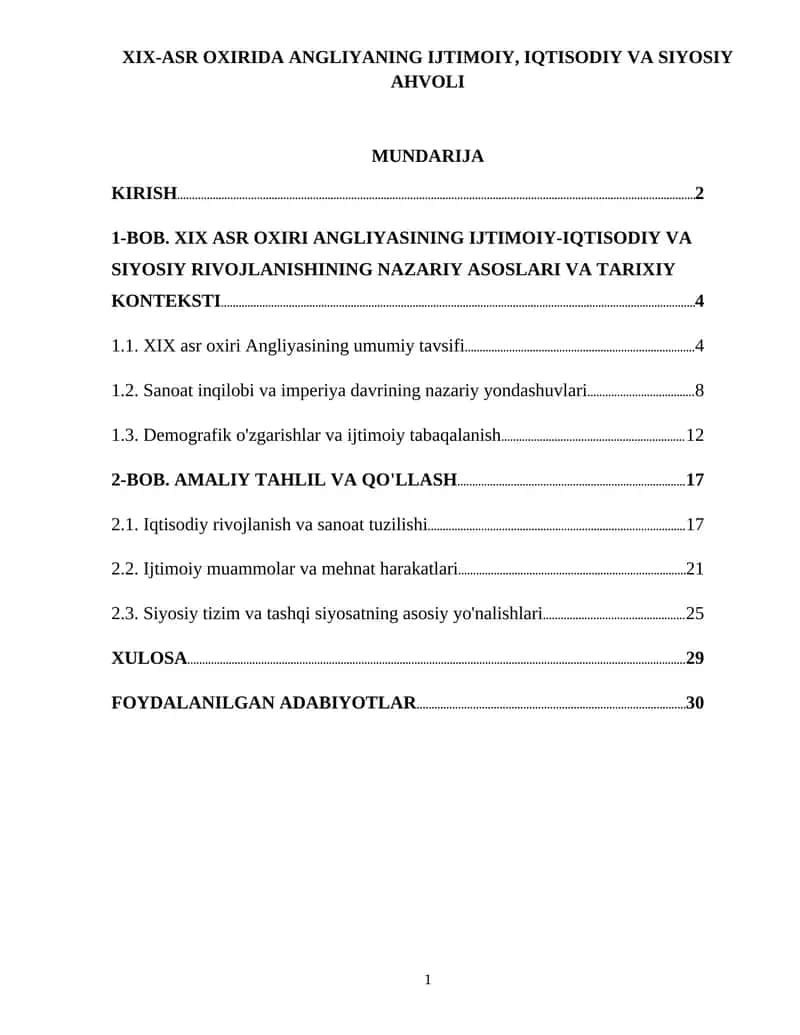 XIX-ASR OXIRIDA ANGLIYANING IJTIMOIY, IQTISODIY VA SIYOSIY AHVOLI 1