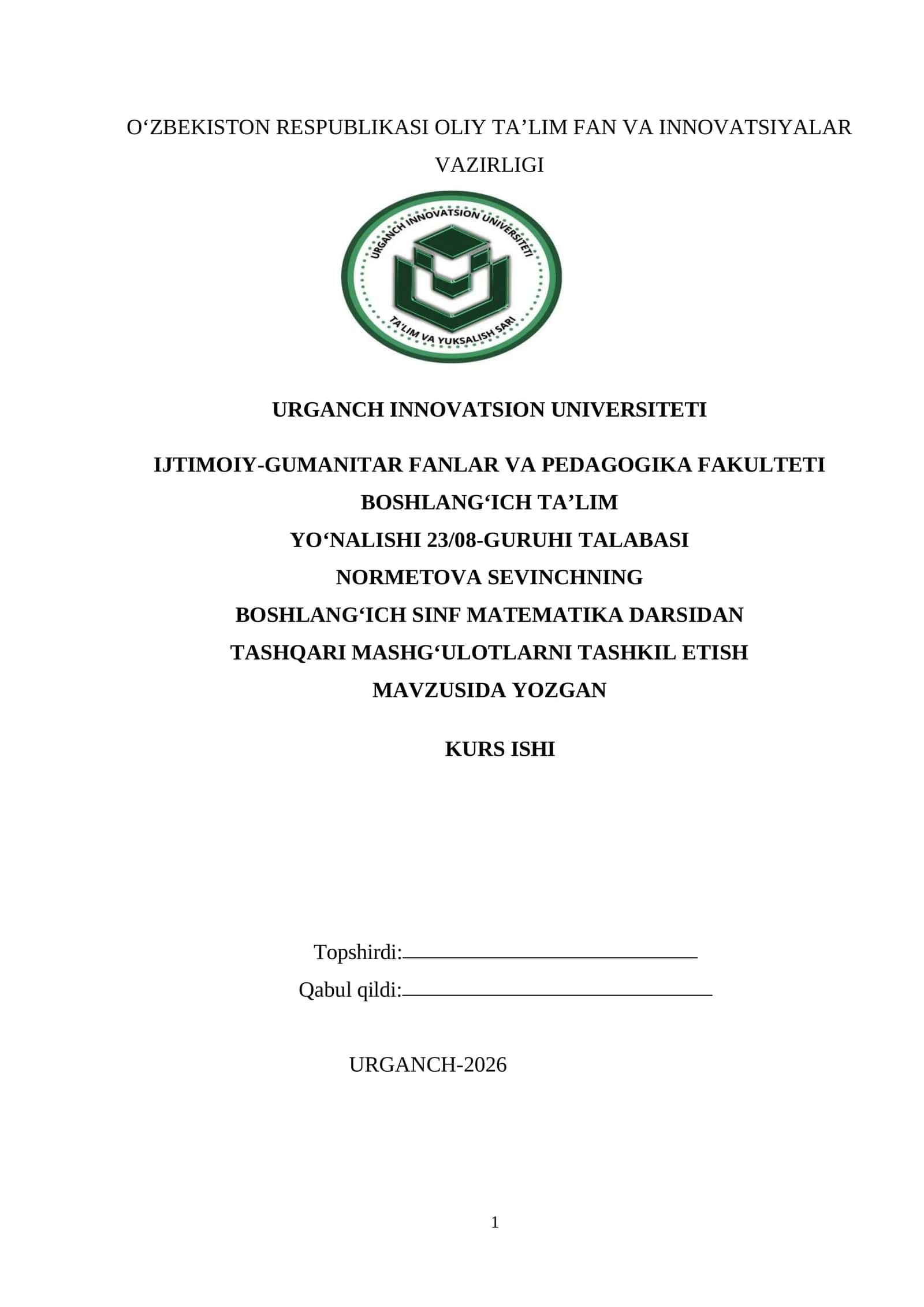 BOSHLANGʻICH SINF MATEMATIKA DARSIDAN TASHQARI MASHG‘ULOTLARNI TASHKIL ETISH 1