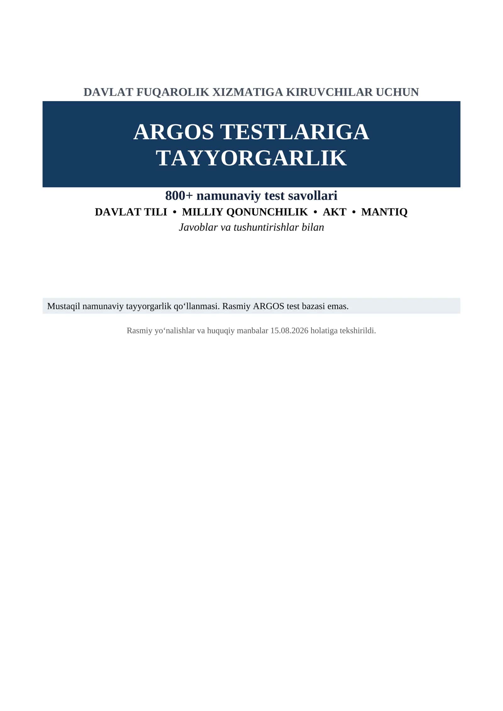 ARGOS davlat fuqarolik xizmatiga tayyorgarlik | Davlat tili + Milliy qonunchilik + AKT + Mantiq | 800+ test | Javoblari bilan 1