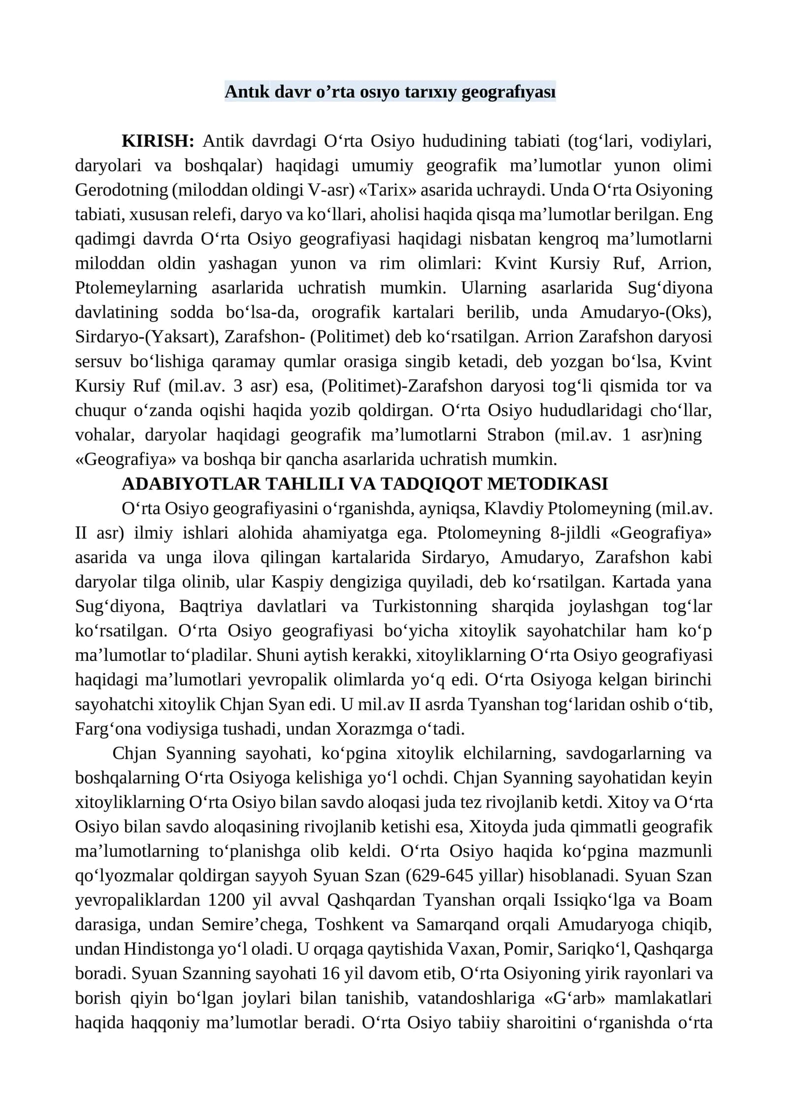 Antık davr o’rta osıyo tarıxıy geografıyası 1