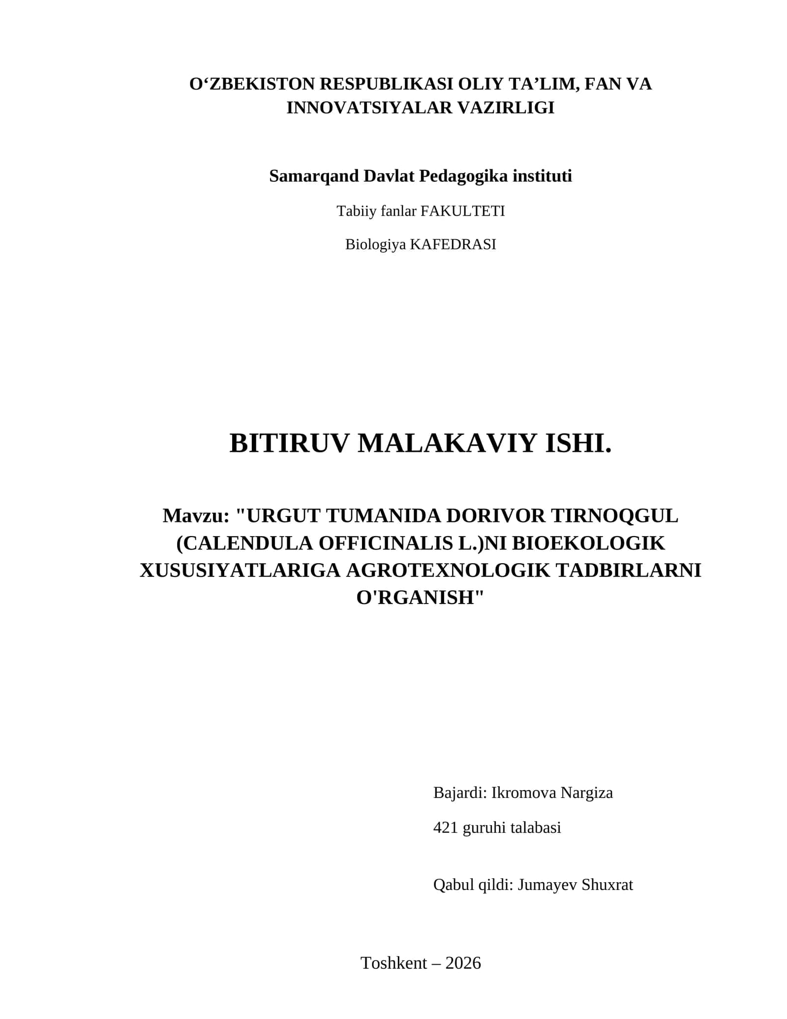 Urgut tumanida Dorivor Tirnoqgul (Calendula officinalis L.)ni bioekologik xususiyatlariga agrotexnologik tadbirlarni o'rganish 1