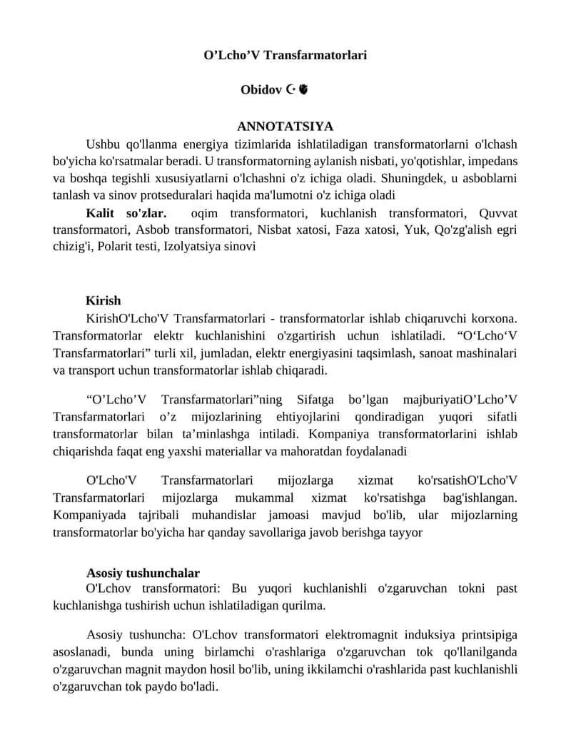 O’Lcho’V Transfarmatorlari 1