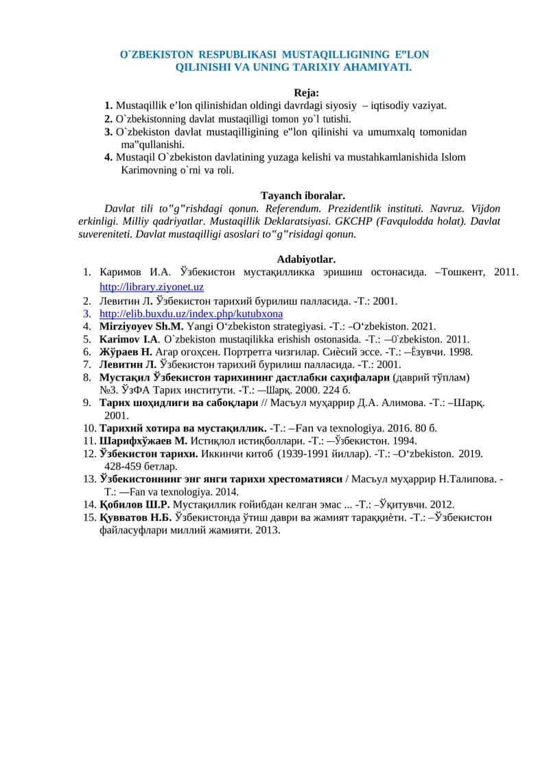 O`ZBEKISTON RESPUBLIKASI MUSTAQILLIGINING E‟LON QILINISHI VA UNING TARIXIY AHAMIYATI 1
