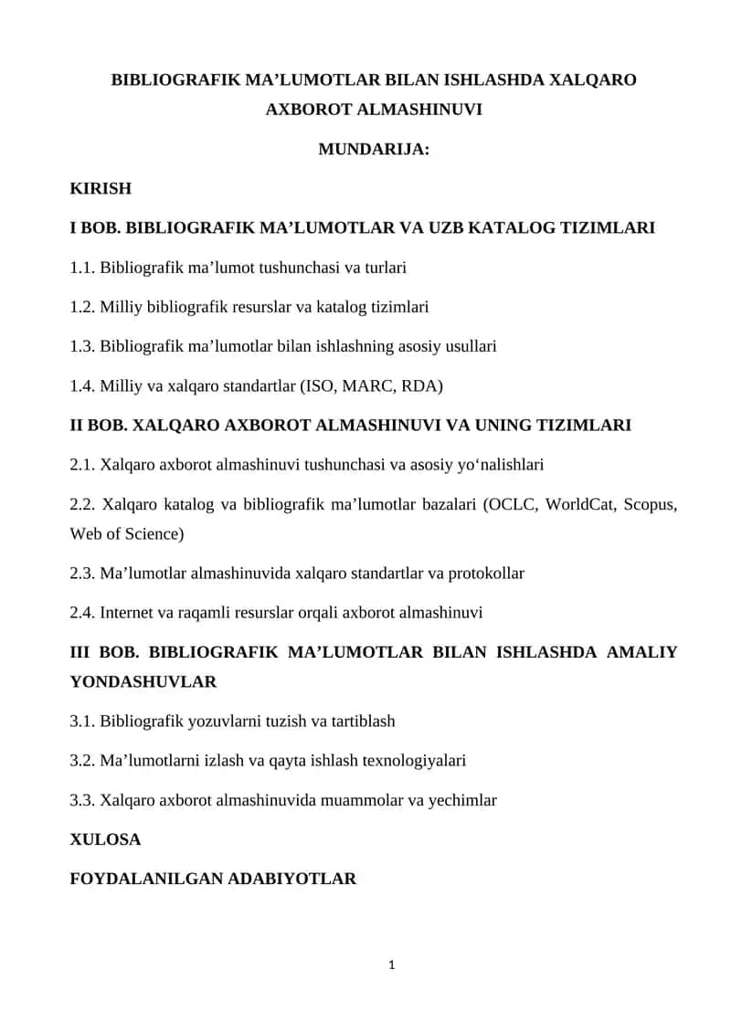 Bibliografik Ma'lumotlar Bilan Ishlashda Xalqaro Axborot Almashinuvi 1