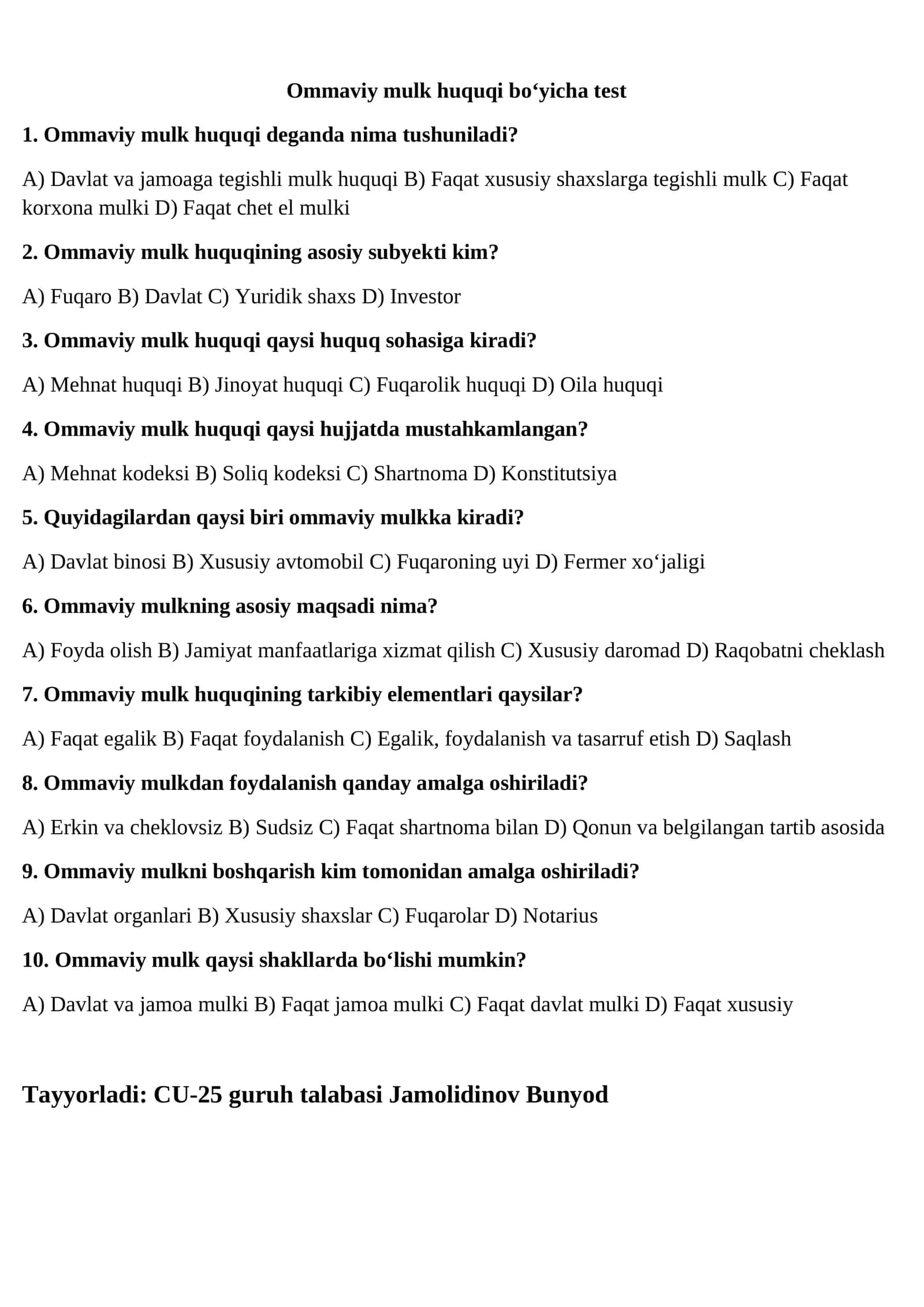 Ommaviy mulk huquqi bo‘yicha test 1