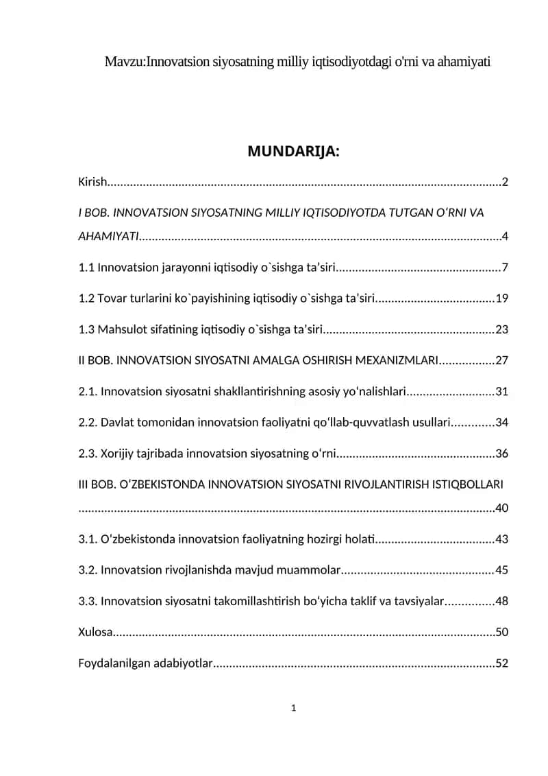 Innovatsion siyosatning milliy iqtisodiyotdagi o'rni va ahamiyati 1