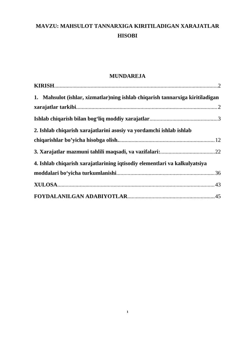 MAHSULOT TANNARXIGA KIRITILADIGAN XARAJATLAR HISOBI 1