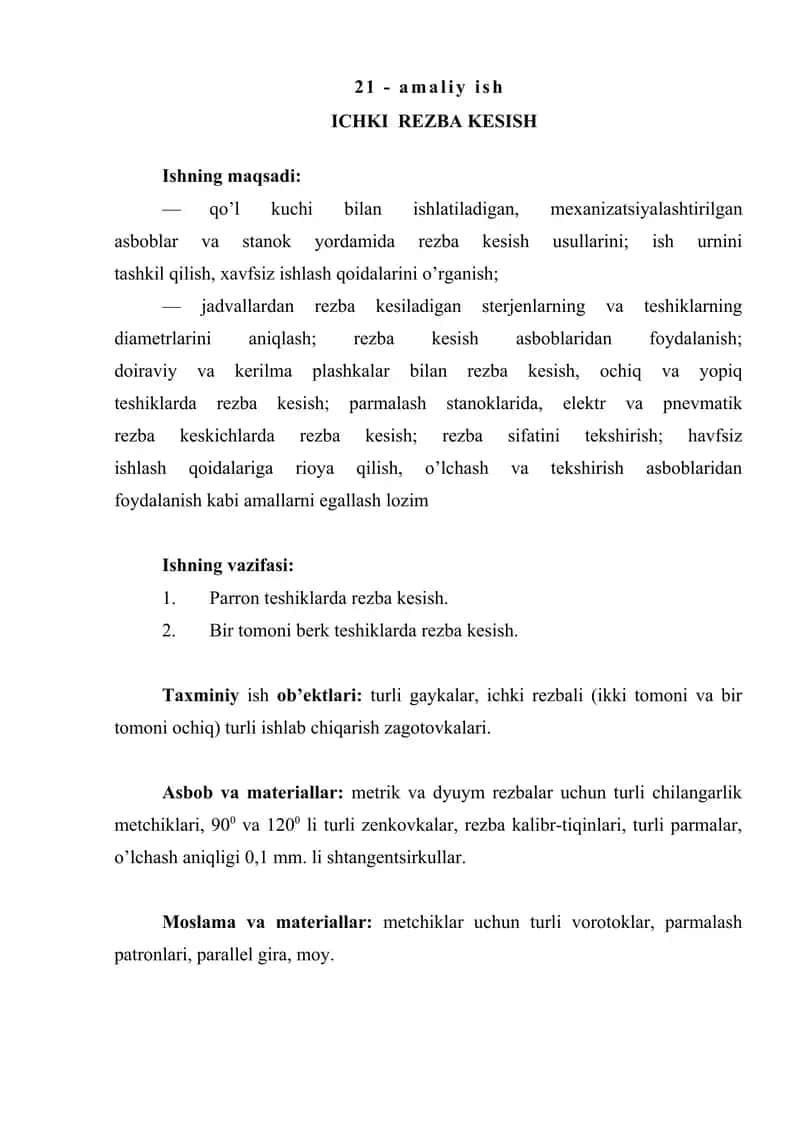 Parron teshiklarda rezba kesish 1